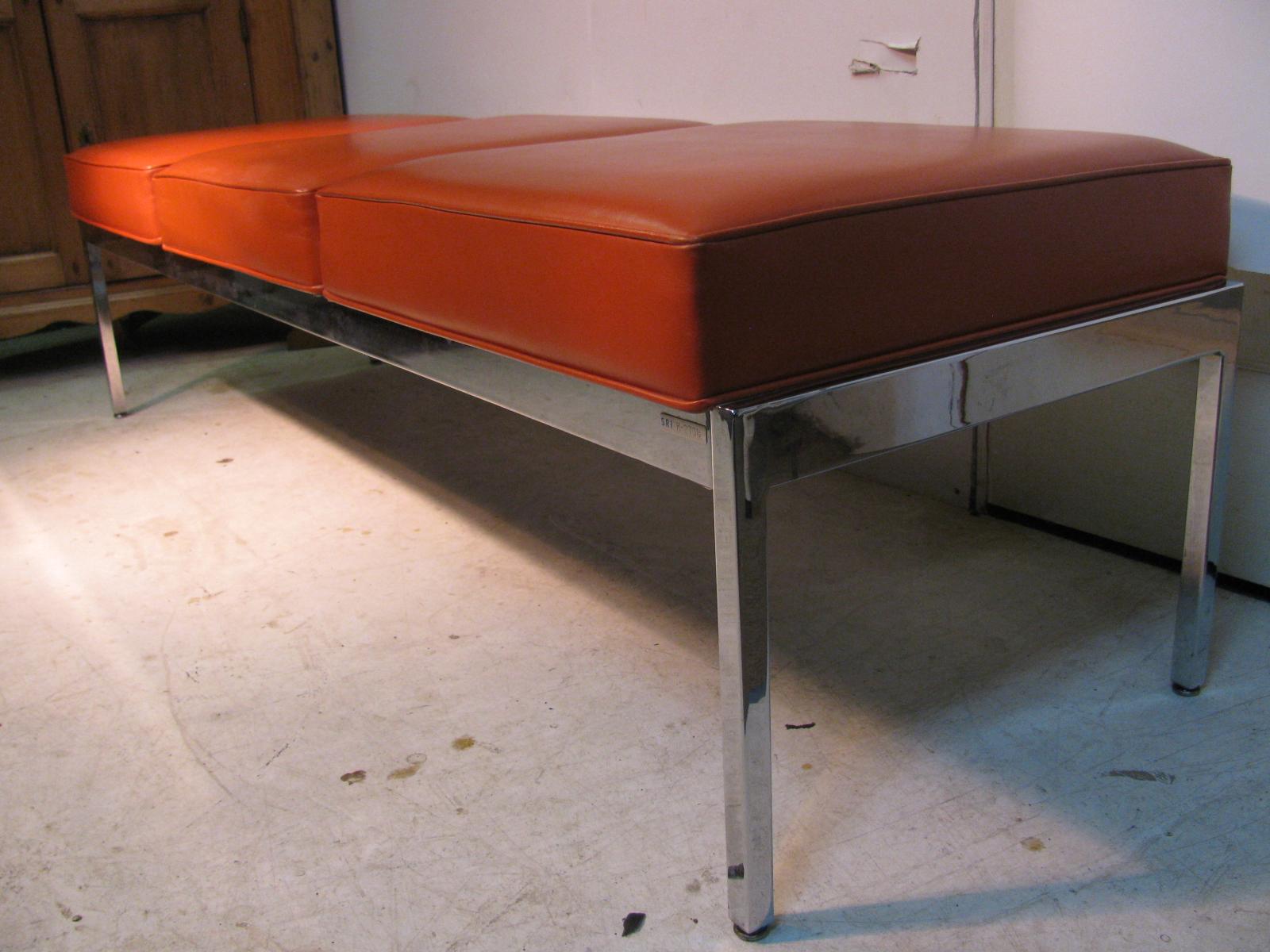 Wonderful pair of Steelcase 3-seat benches in orange vinyl. Mid-late 1960s is the time frame and in excellent vintage condition with only a tiny speck of damage on the vinyl. Measures: 69 x 22 x 18.5 H are the dimensions so they have good size.