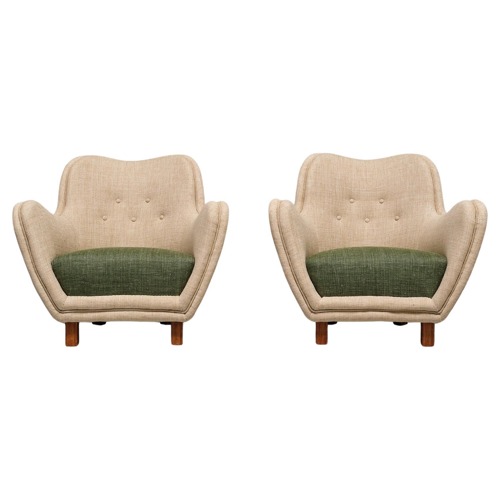 Pair of Sten Wicéns Armchairs in Pierre Frey Fabric and Elm, Sweden, 1950s