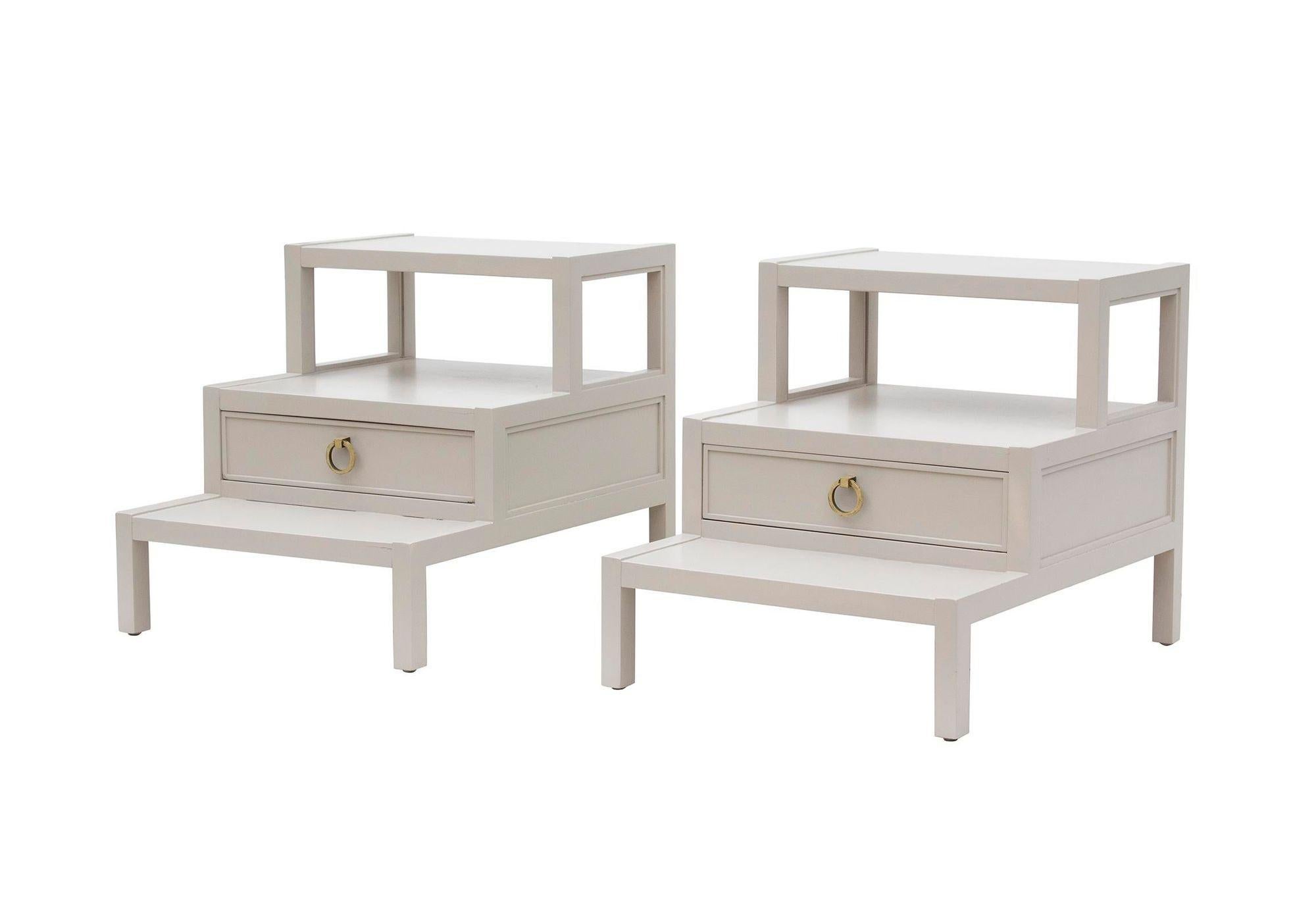 USA, 1950s
Pair of step end tables or nightstands designed by T.H. Robsjohn-Gibbings for Widdicomb, newly lacquered in Sherwin-Williams 6072 Versatile Gray. Each has '431' handwritten and 5159 stamped on the underside. Classic and practical