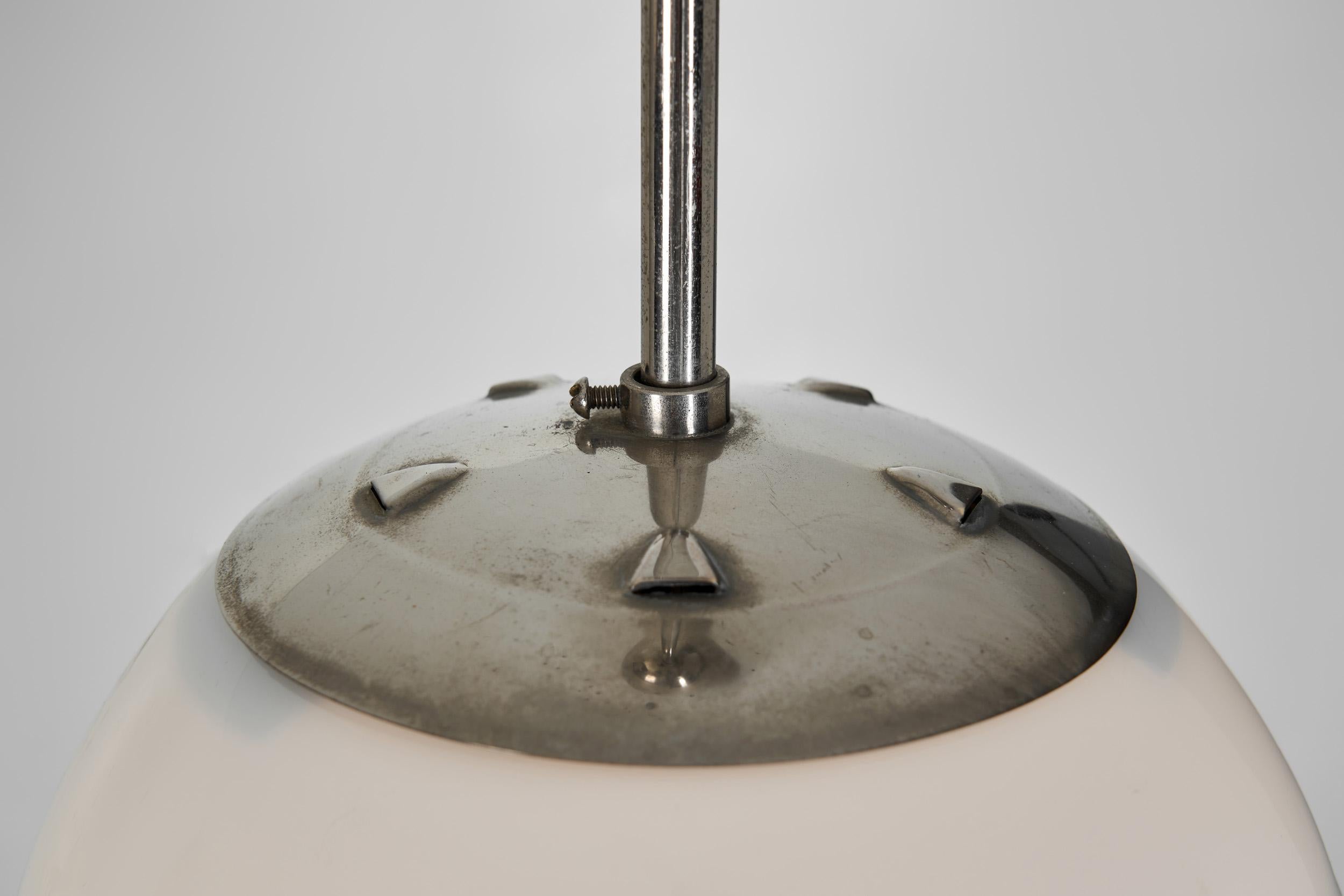Pair of Stepped Opal Glass Pendant Lamps with Metal Frame, Europe 1940s For Sale 6