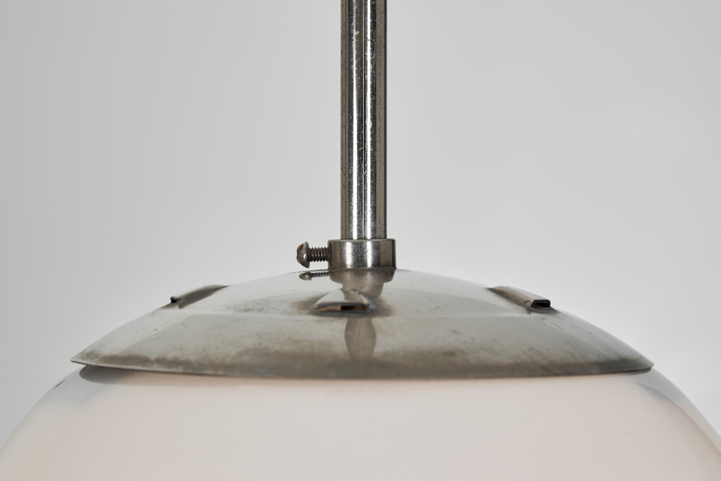 Pair of Stepped Opal Glass Pendant Lamps with Metal Frame, Europe 1940s For Sale 8