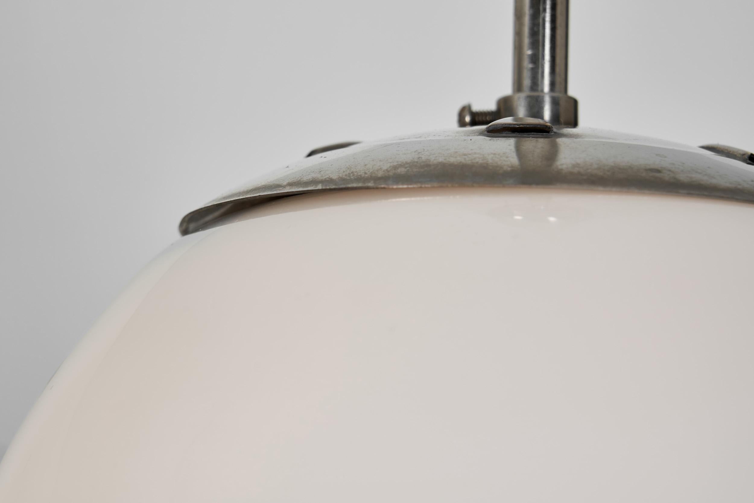 Pair of Stepped Opal Glass Pendant Lamps with Metal Frame, Europe 1940s For Sale 9