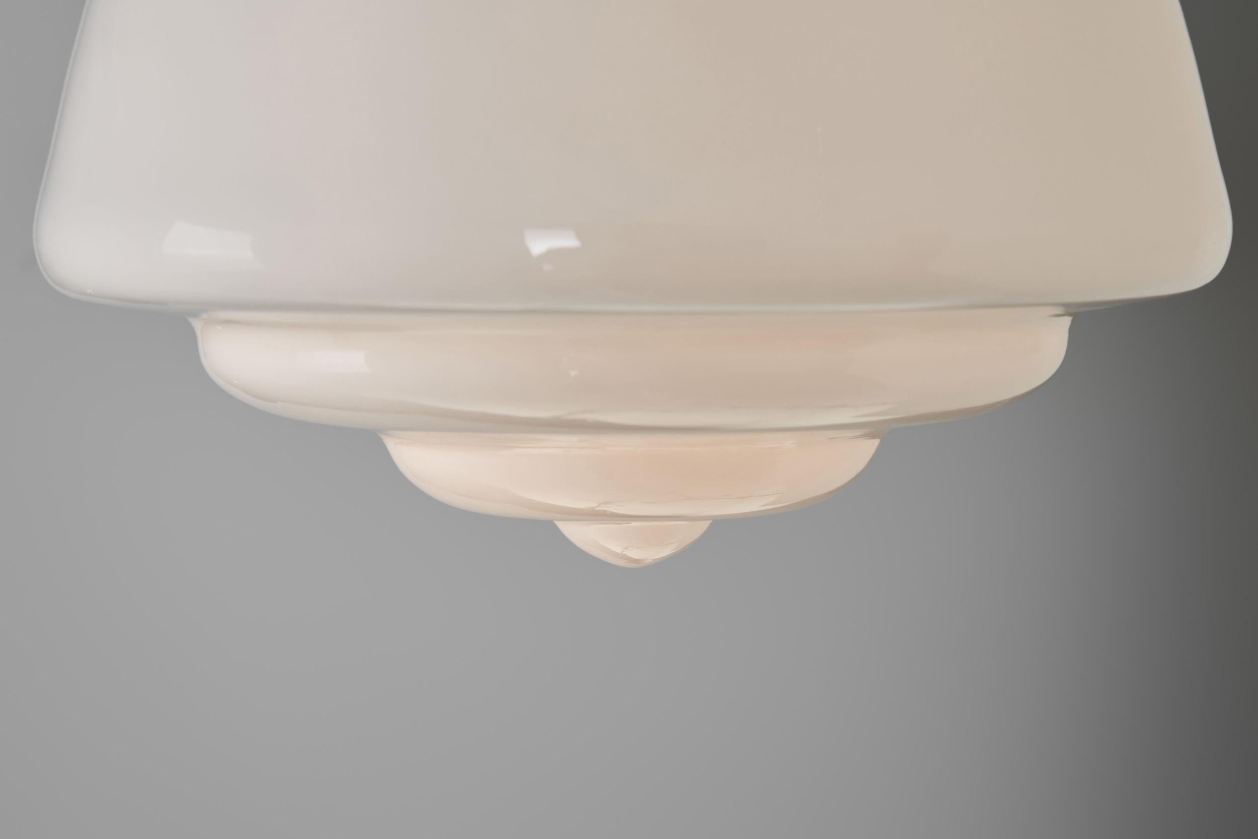 Pair of Stepped Opal Glass Pendant Lamps with Metal Frame, Europe 1940s For Sale 13