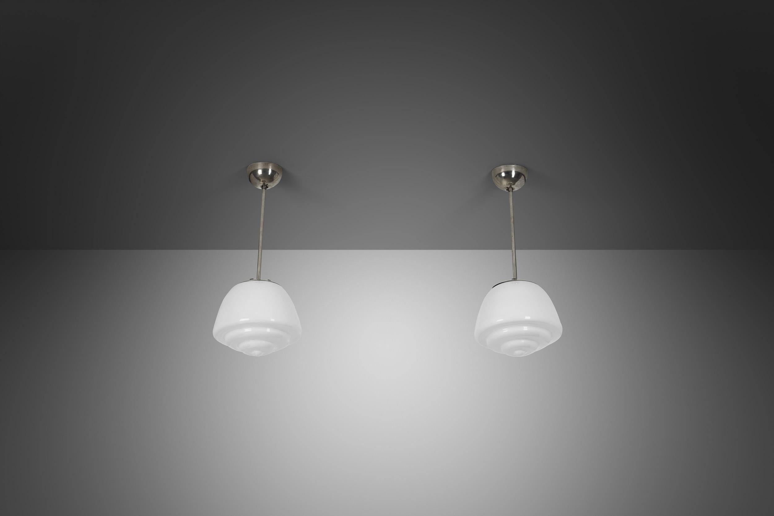 Pair of Stepped Opal Glass Pendant Lamps with Metal Frame, Europe 1940s In Good Condition For Sale In Utrecht, NL