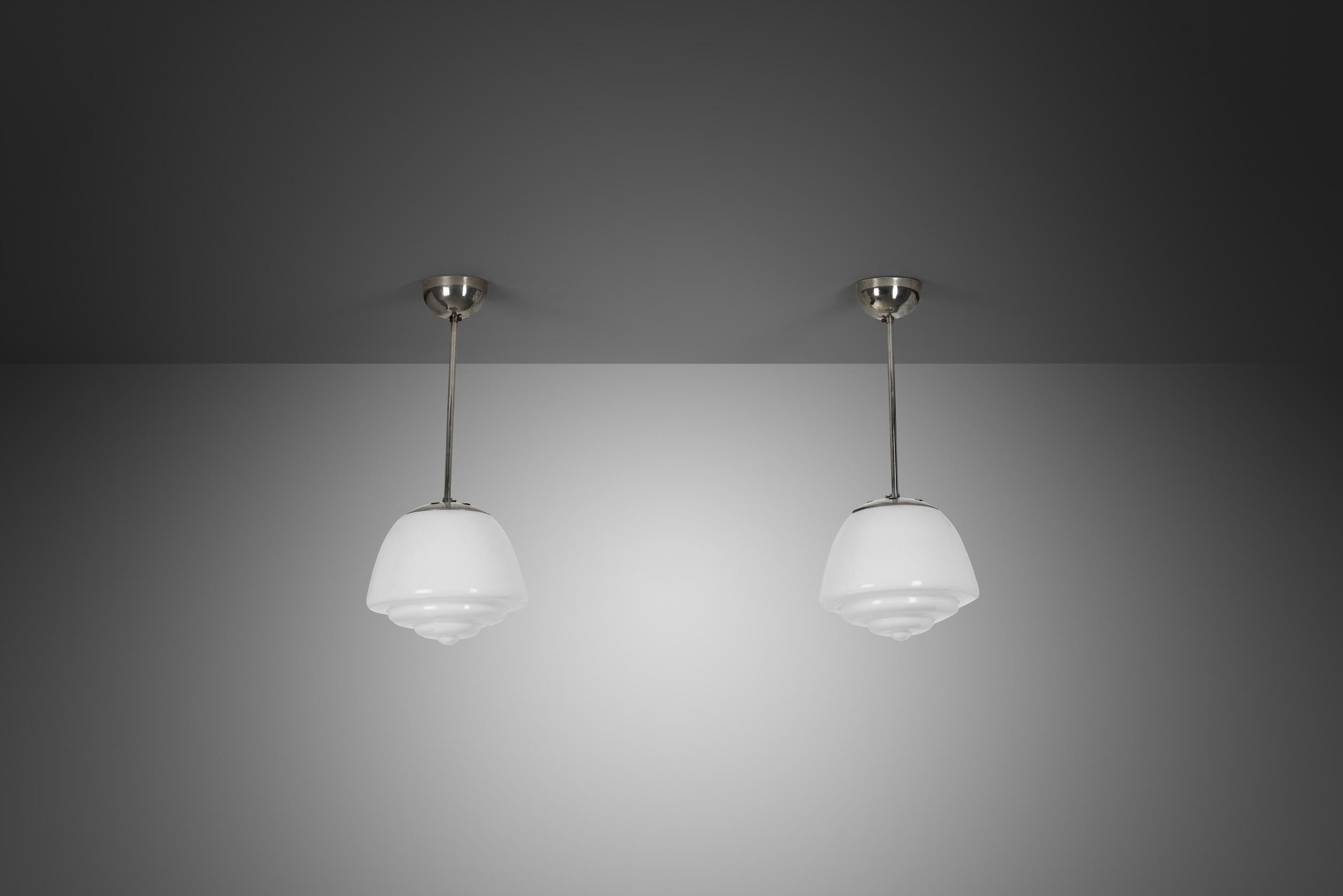 Pair of Stepped Opal Glass Pendant Lamps with Metal Frame, Europe 1940s For Sale 1