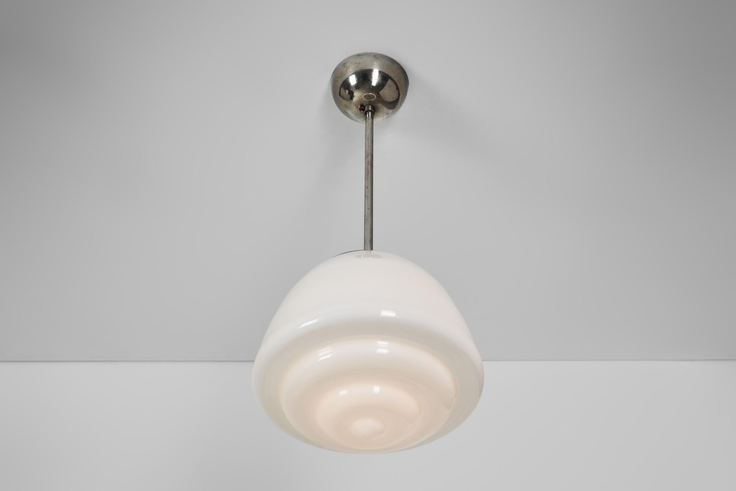 Pair of Stepped Opal Glass Pendant Lamps with Metal Frame, Europe 1940s For Sale 2