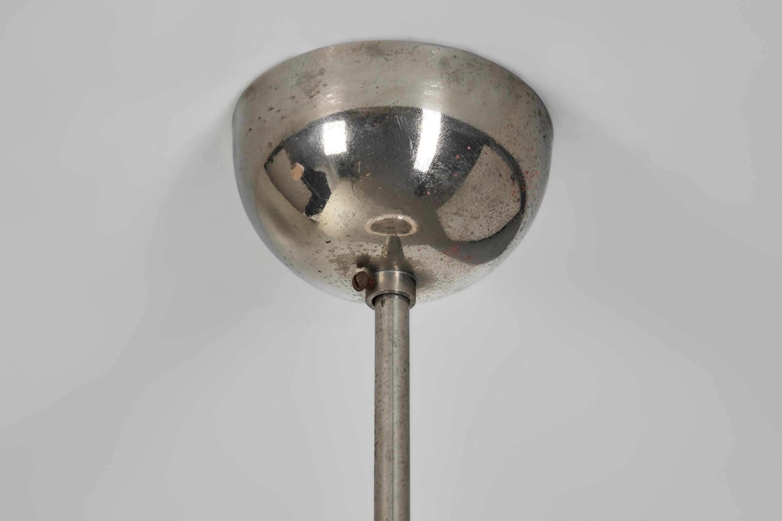 Pair of Stepped Opal Glass Pendant Lamps with Metal Frame, Europe 1940s For Sale 3