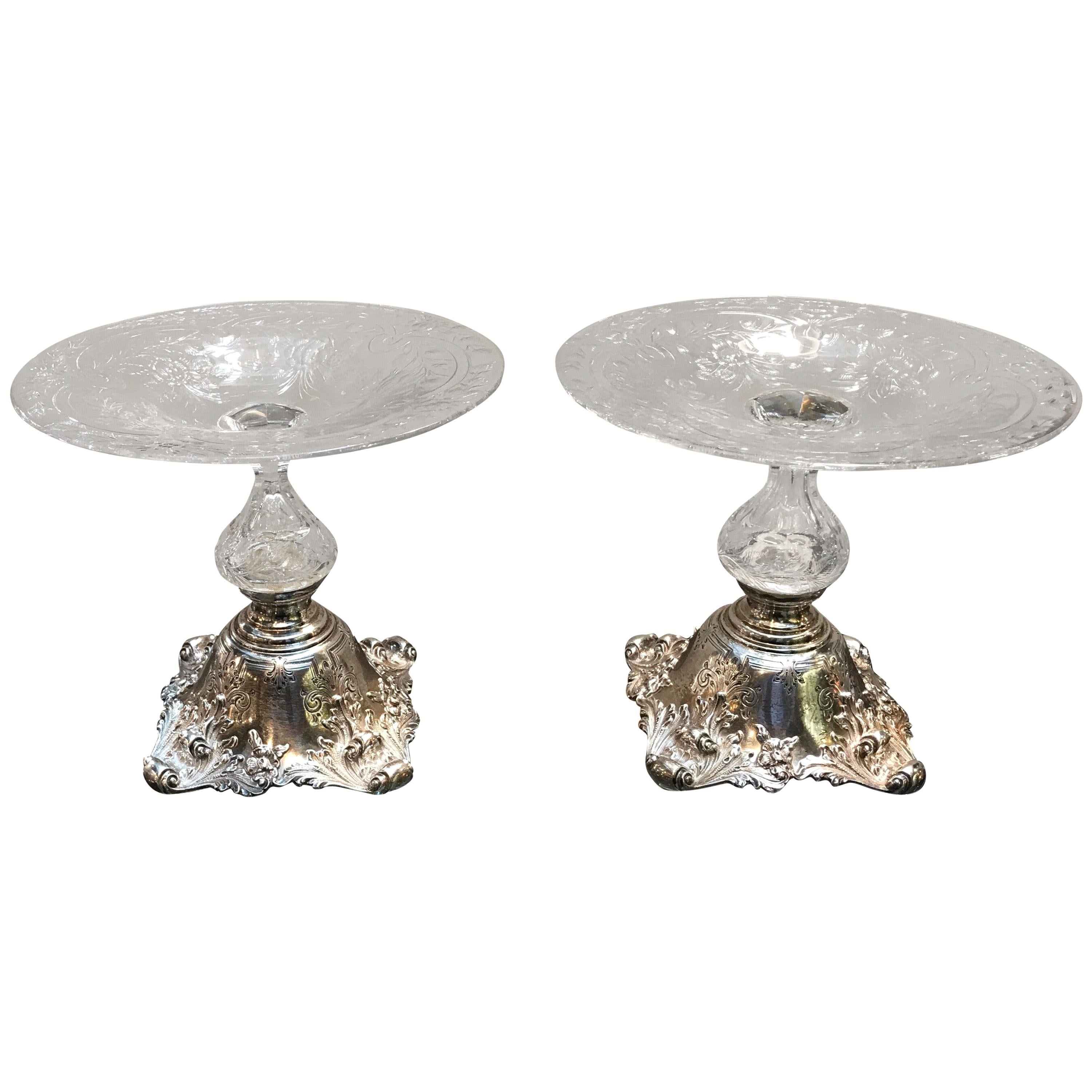 Pair of Sterling and Glass Compote Tazzas, 19th Century