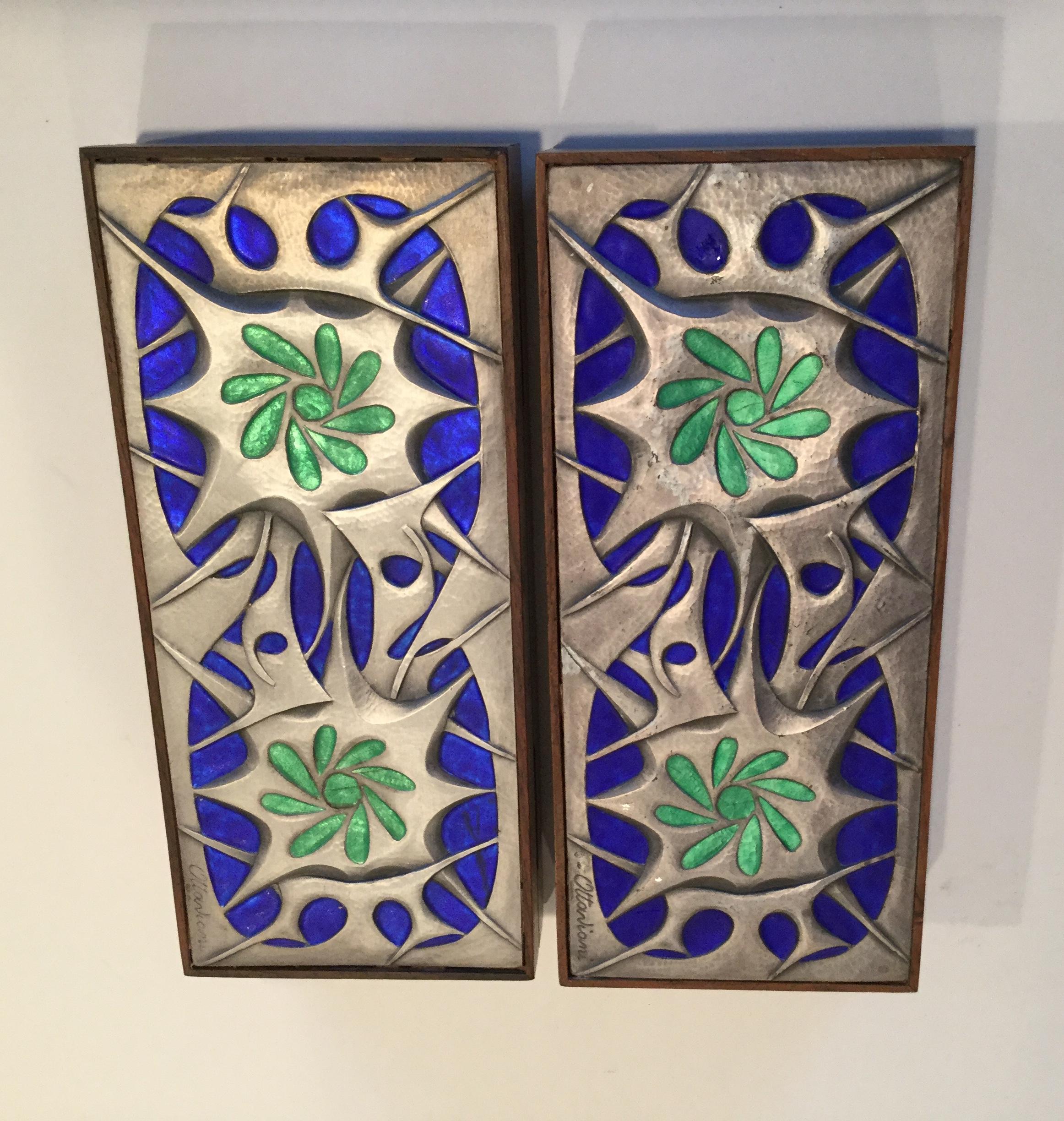 Amazing pair of geometric enamel, sterling, and wood boxes. Great for display.