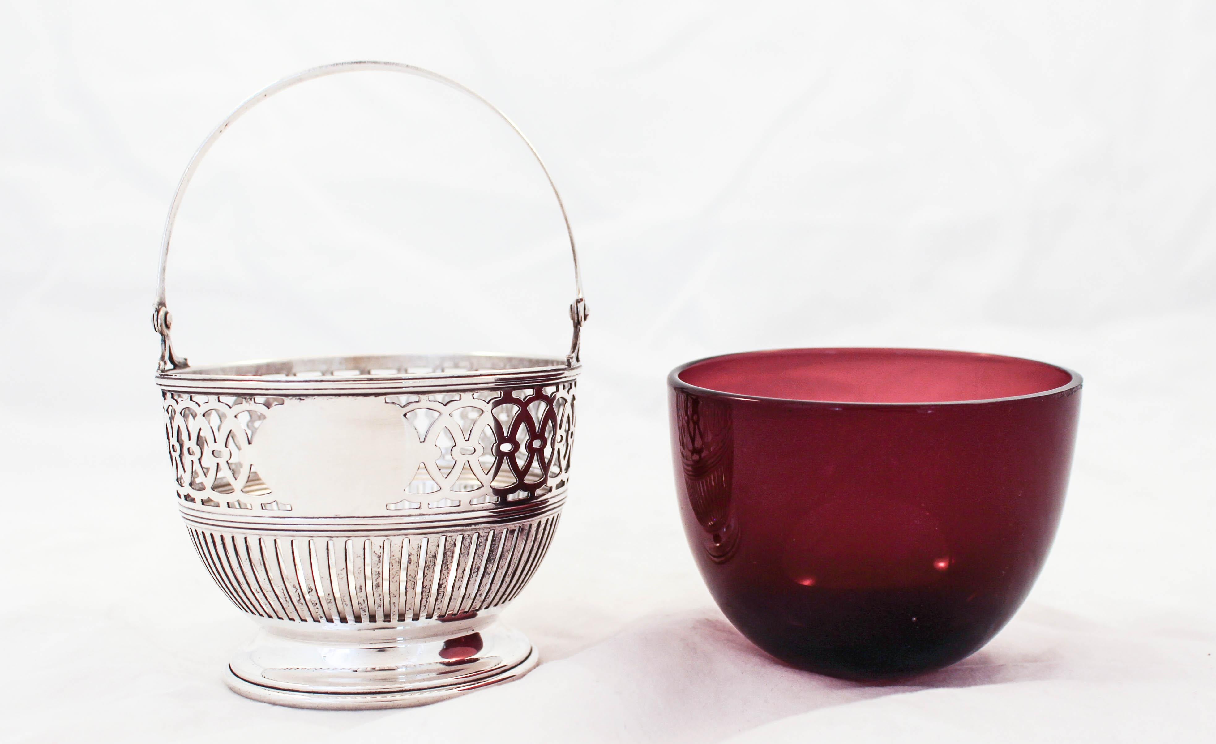 Mid-20th Century Pair of Sterling Baskets with Amethyst Glass