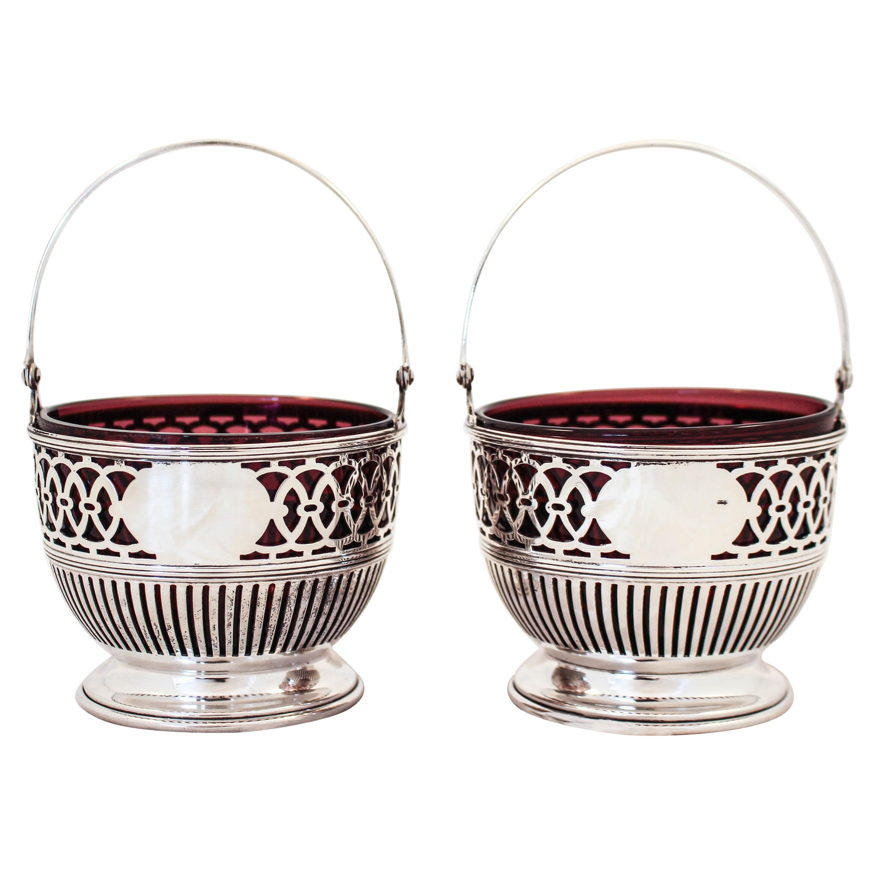 Pair of Sterling Baskets with Amethyst Glass