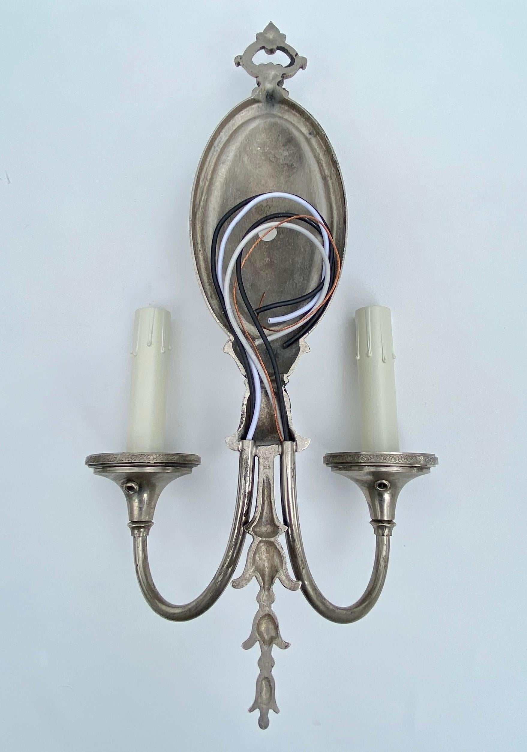 Pair of Sterling Bronze Company Two-Arm Antique Nickel Adam Style Wall Sconces 5