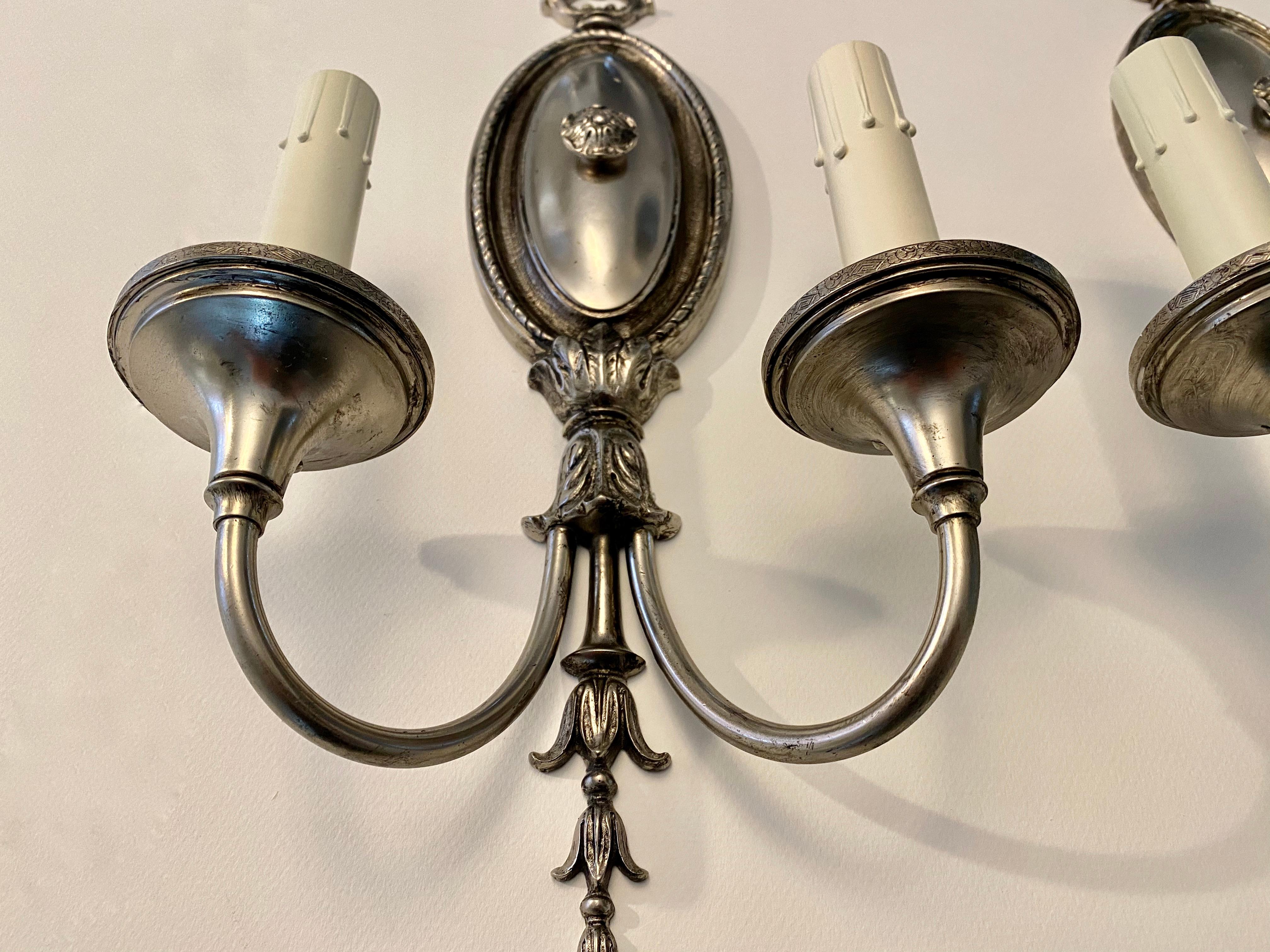 European Pair of Sterling Bronze Company Two-Arm Antique Nickel Adam Style Wall Sconces