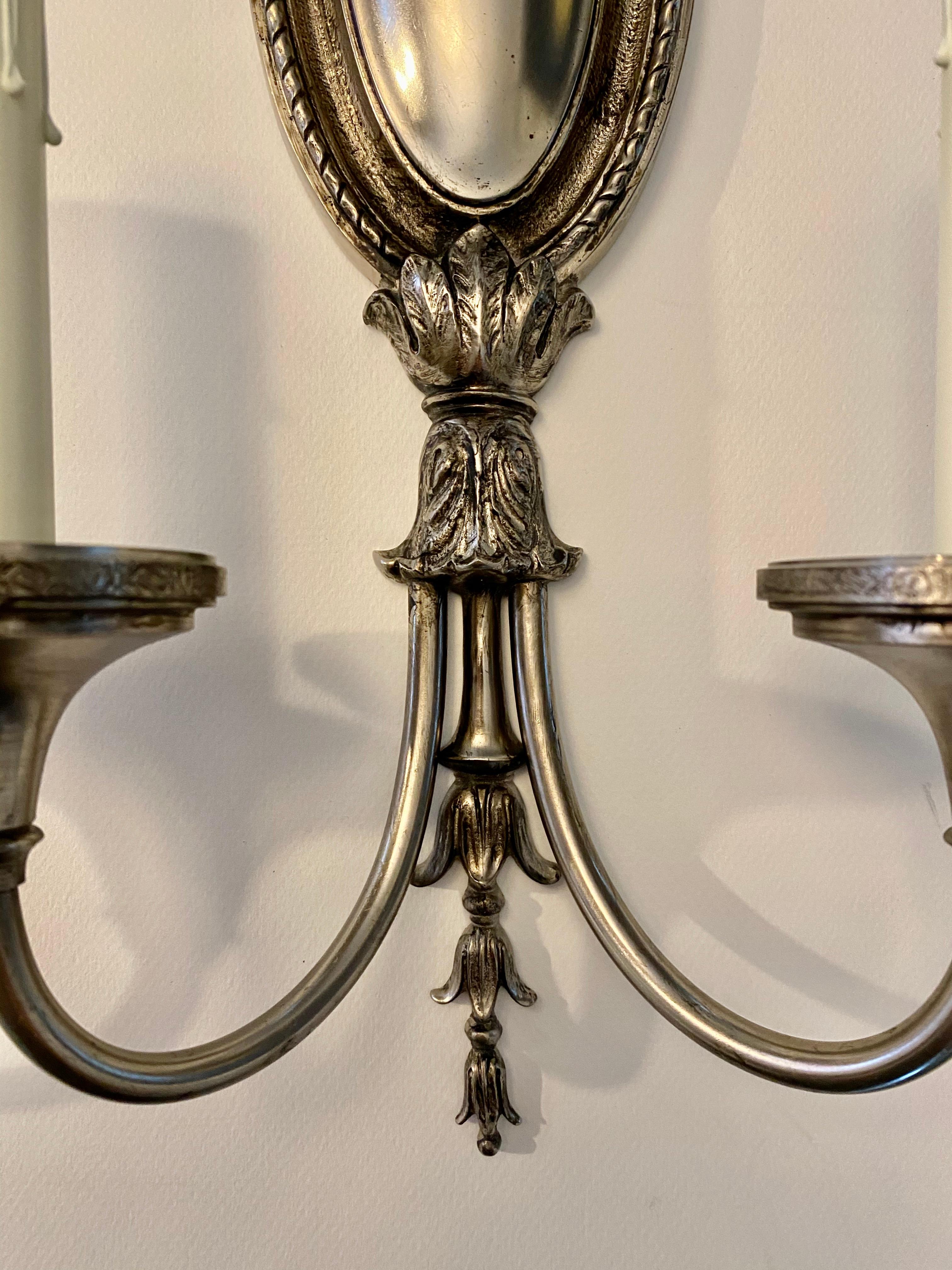 Metal Pair of Sterling Bronze Company Two-Arm Antique Nickel Adam Style Wall Sconces