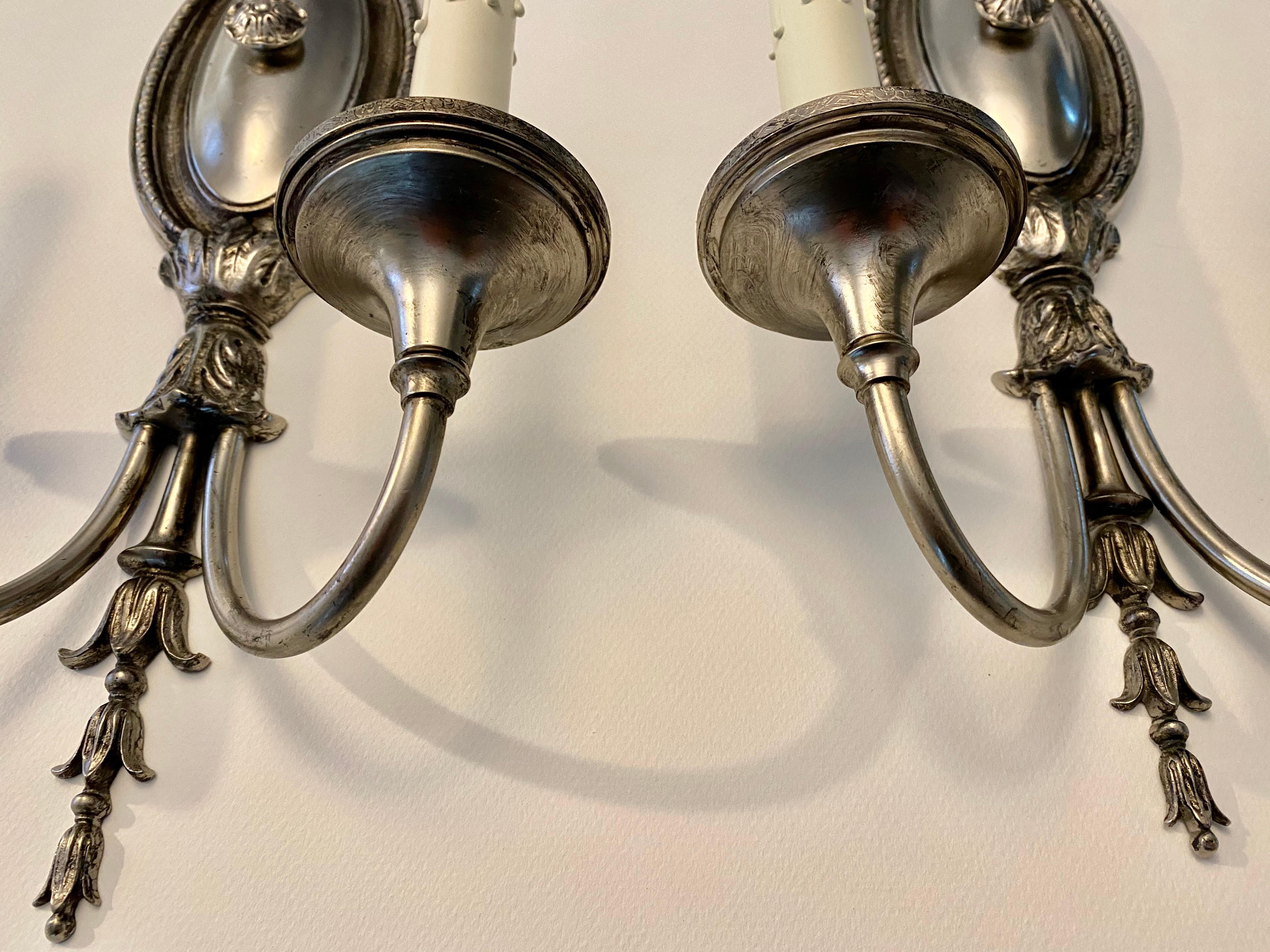 Pair of Sterling Bronze Company Two-Arm Antique Nickel Adam Style Wall Sconces 3
