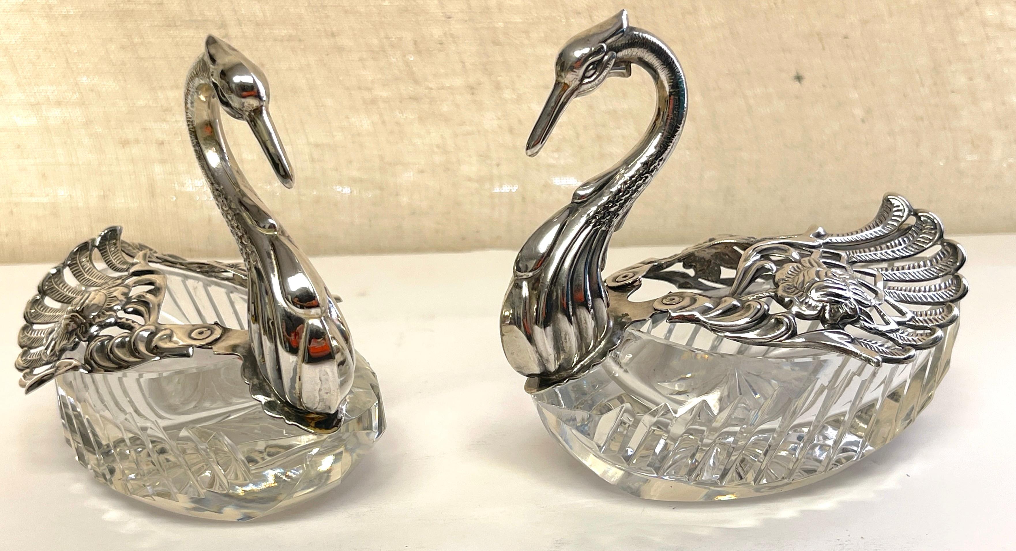 Pair of Sterling & Crystal Swan Articulated Sweetmeat Dishes For Sale 2