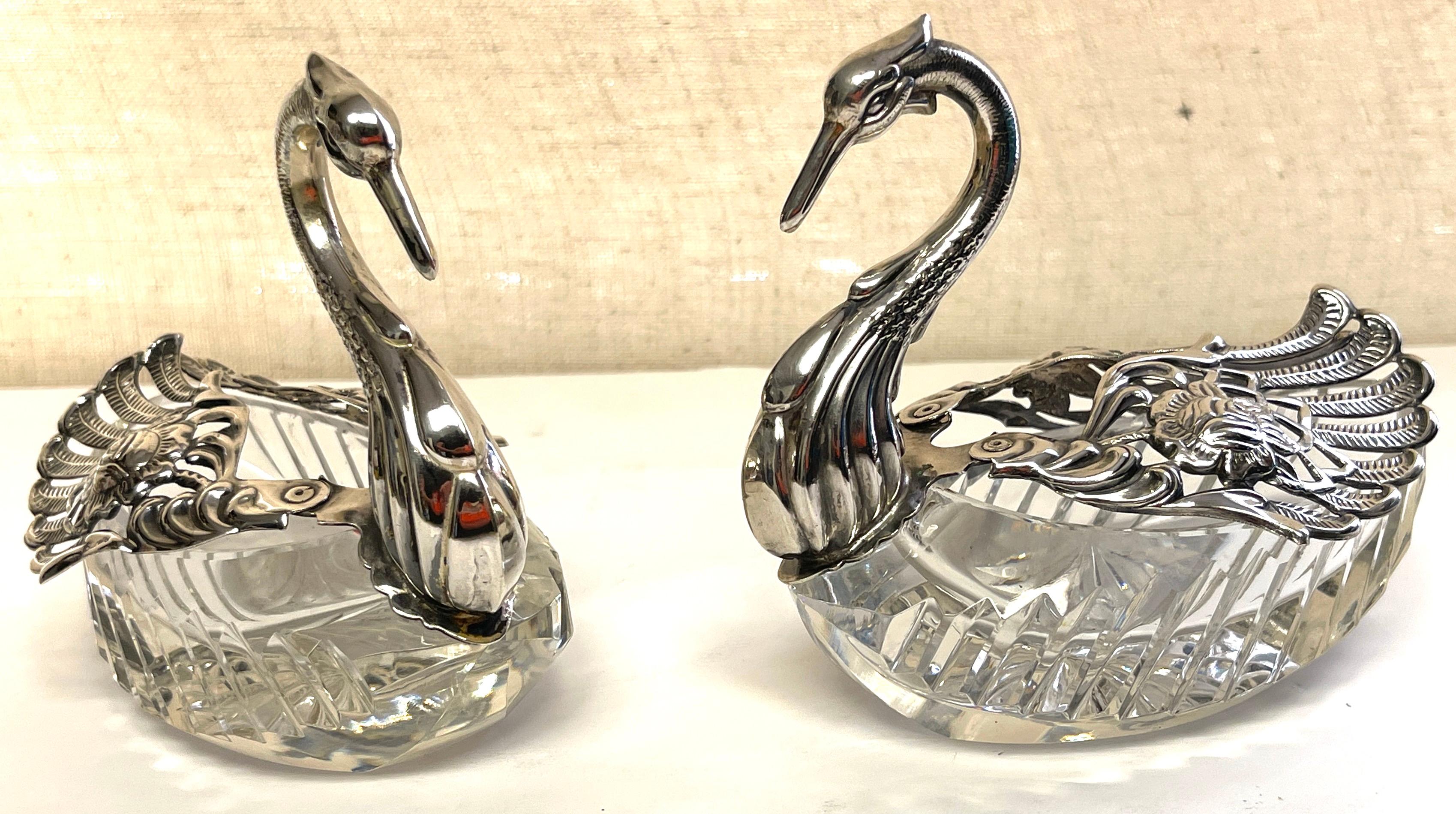 Pair of Sterling & Crystal Swan Articulated Sweetmeat Dishes For Sale 3