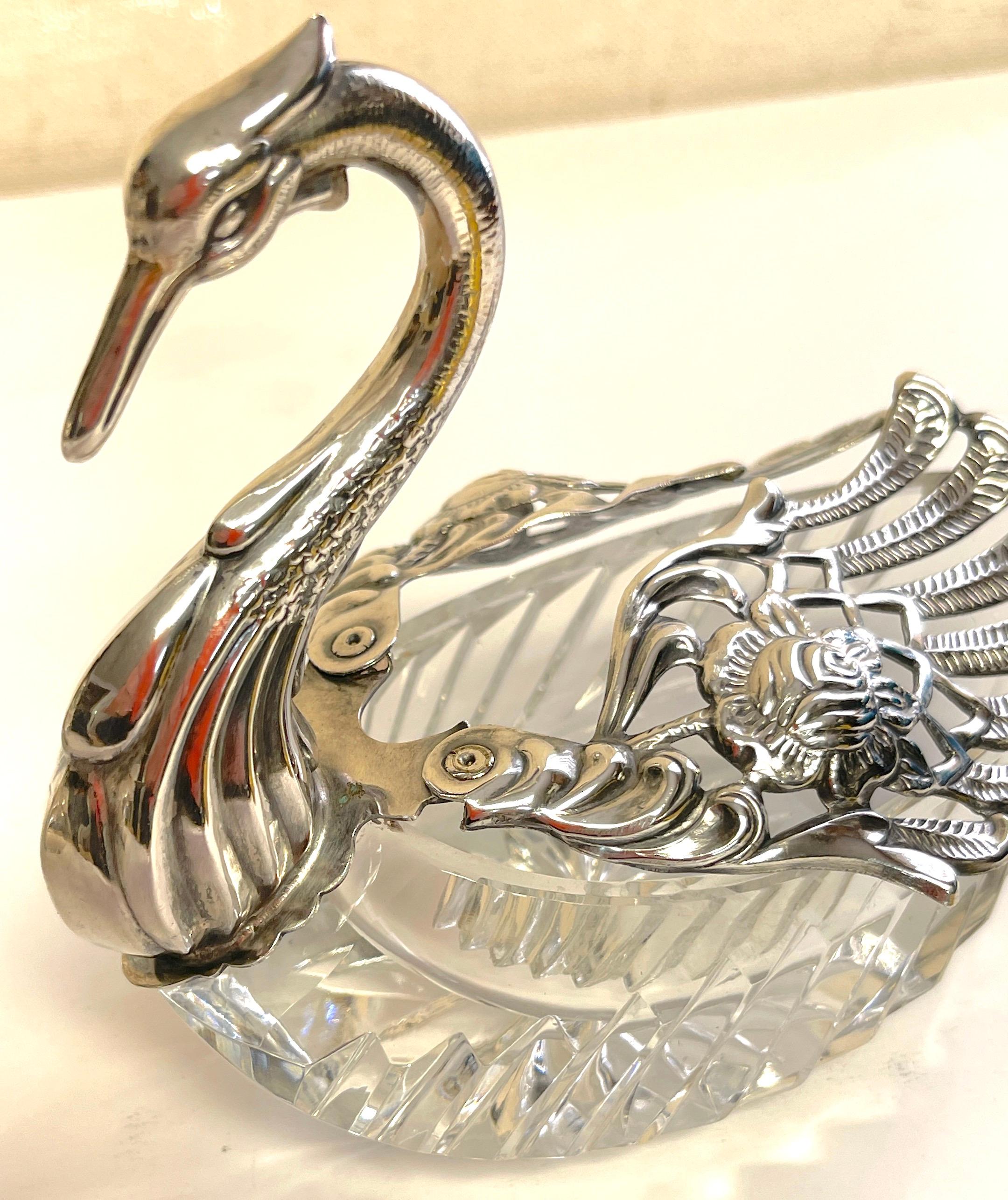Pair of Sterling & Crystal Swan Articulated Sweetmeat Dishes For Sale 4