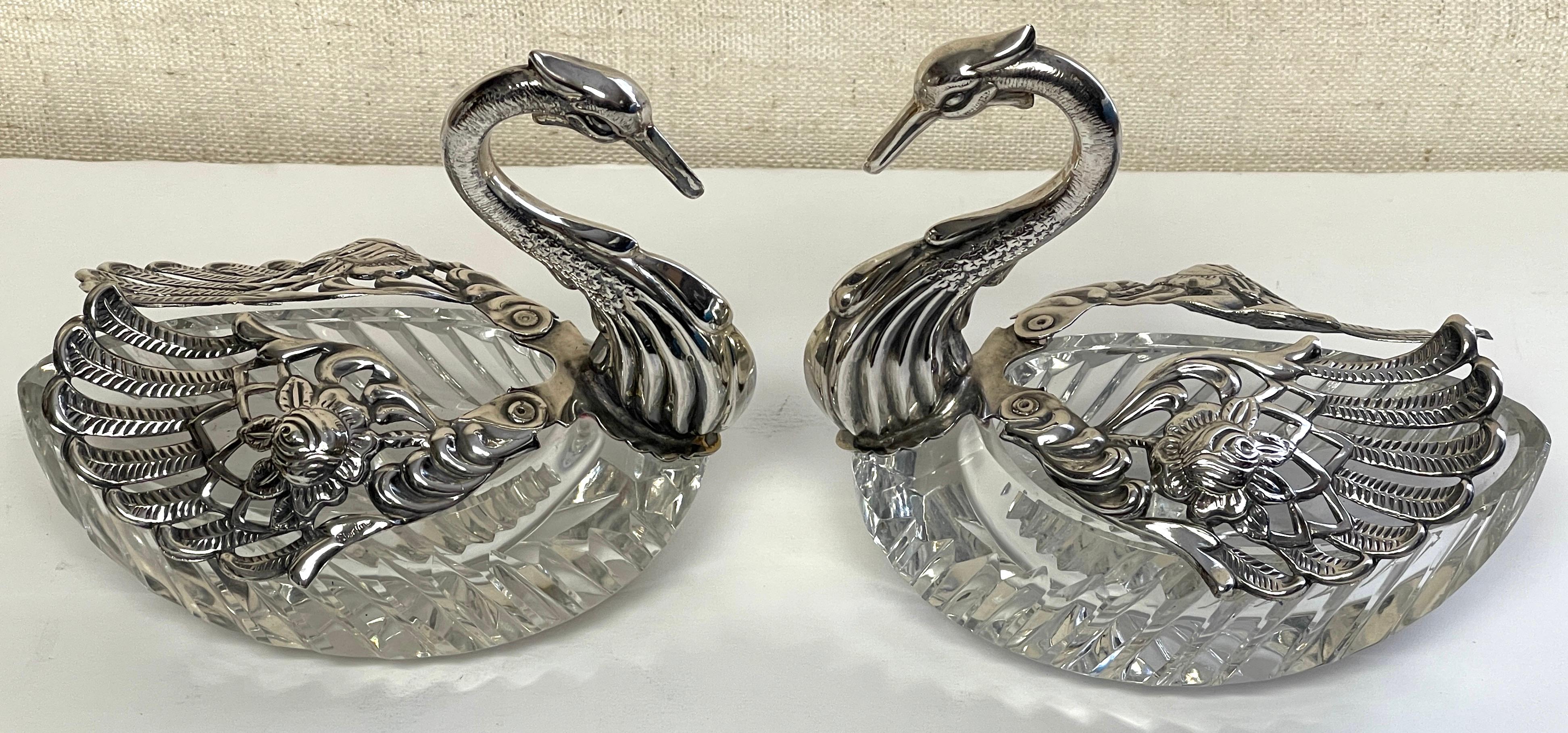 Romantic Pair of Sterling & Crystal Swan Articulated Sweetmeat Dishes For Sale