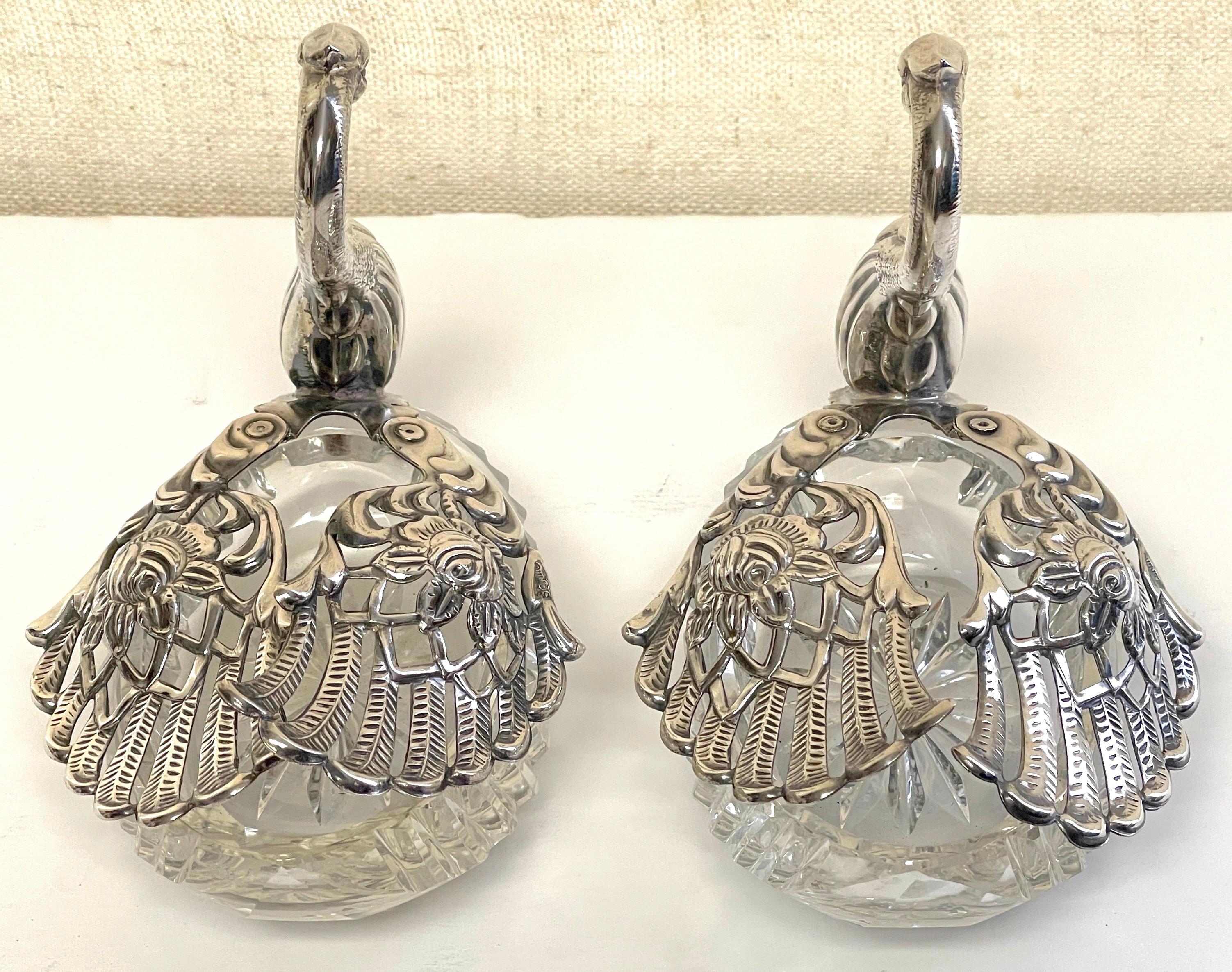 German Pair of Sterling & Crystal Swan Articulated Sweetmeat Dishes For Sale