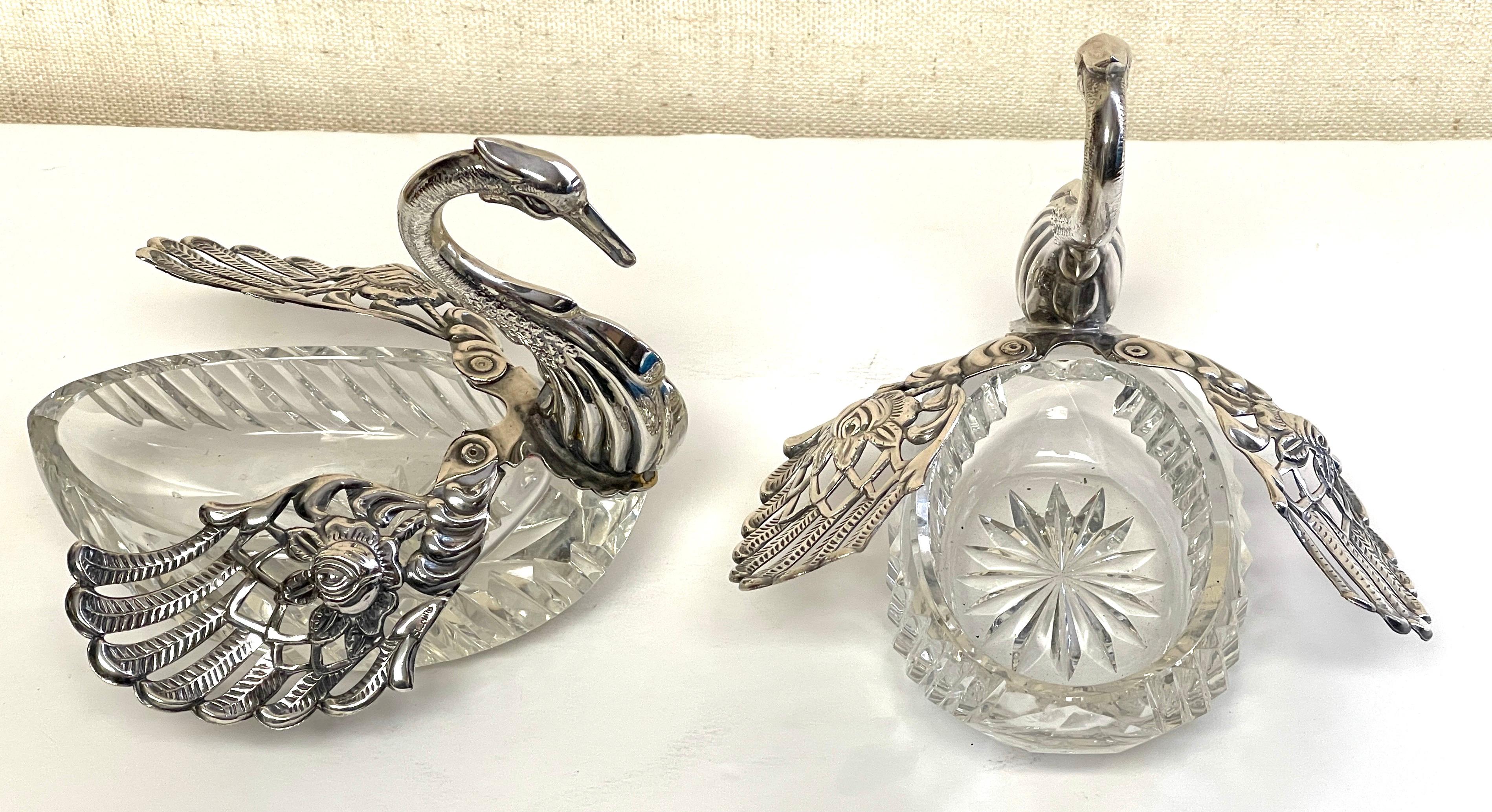 Pair of Sterling & Crystal Swan Articulated Sweetmeat Dishes In Good Condition For Sale In West Palm Beach, FL