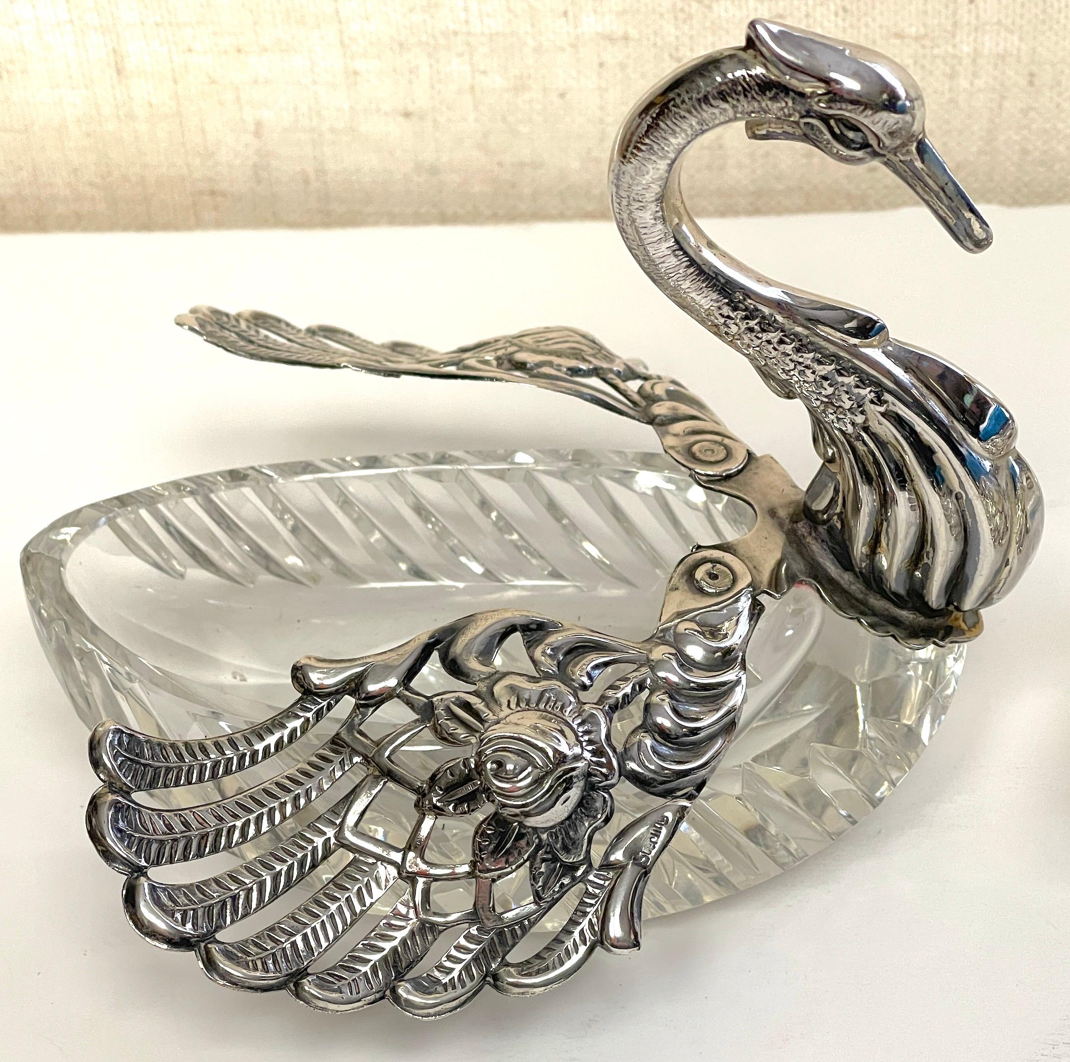 20th Century Pair of Sterling & Crystal Swan Articulated Sweetmeat Dishes For Sale