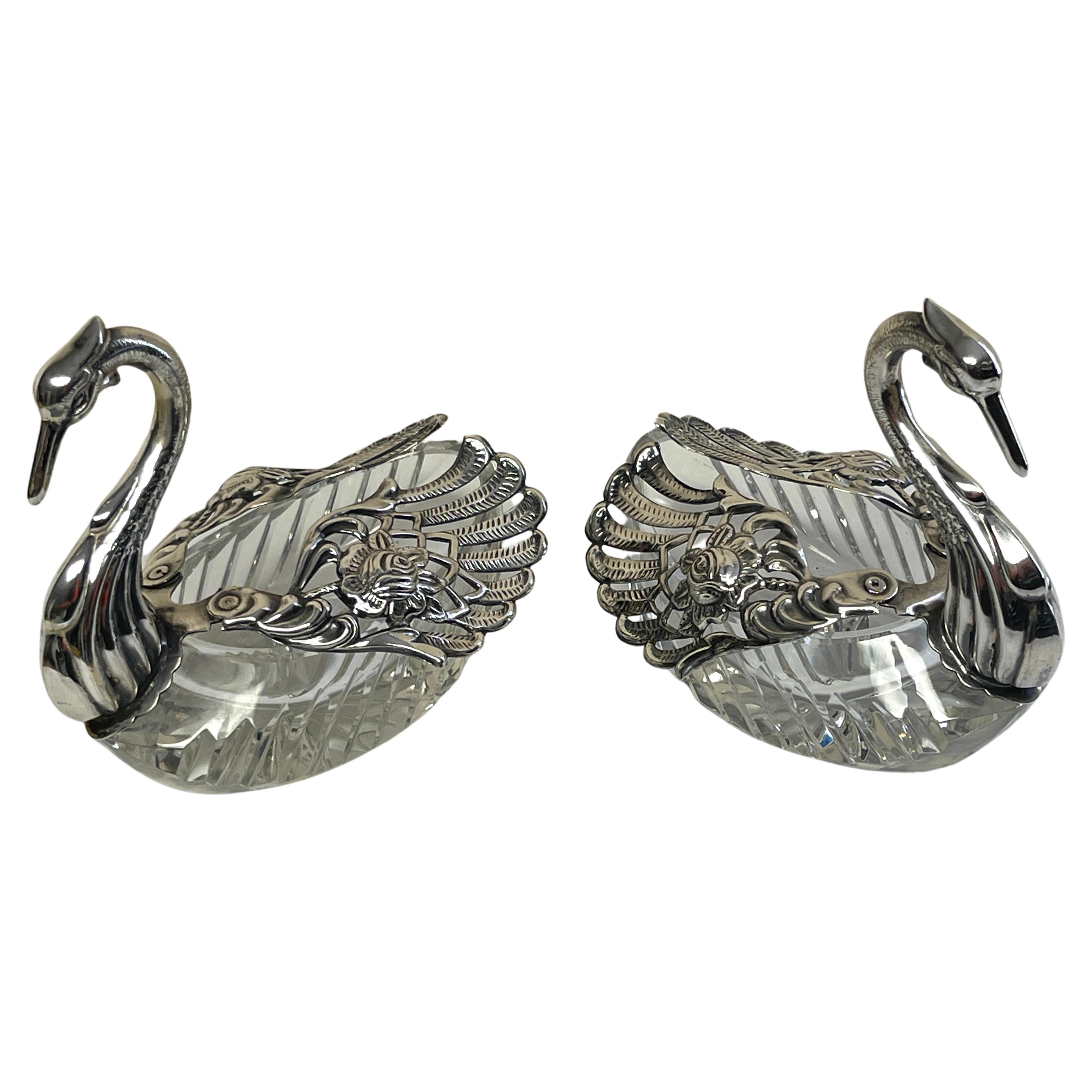 Pair of Sterling & Crystal Swan Articulated Sweetmeat Dishes For Sale