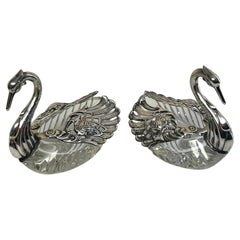 Used Pair of Sterling & Crystal Swan Articulated Sweetmeat Dishes