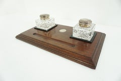 Pair of Sterling Hallmarked Inkwells on Mahogany Inkstand, Scotland 983