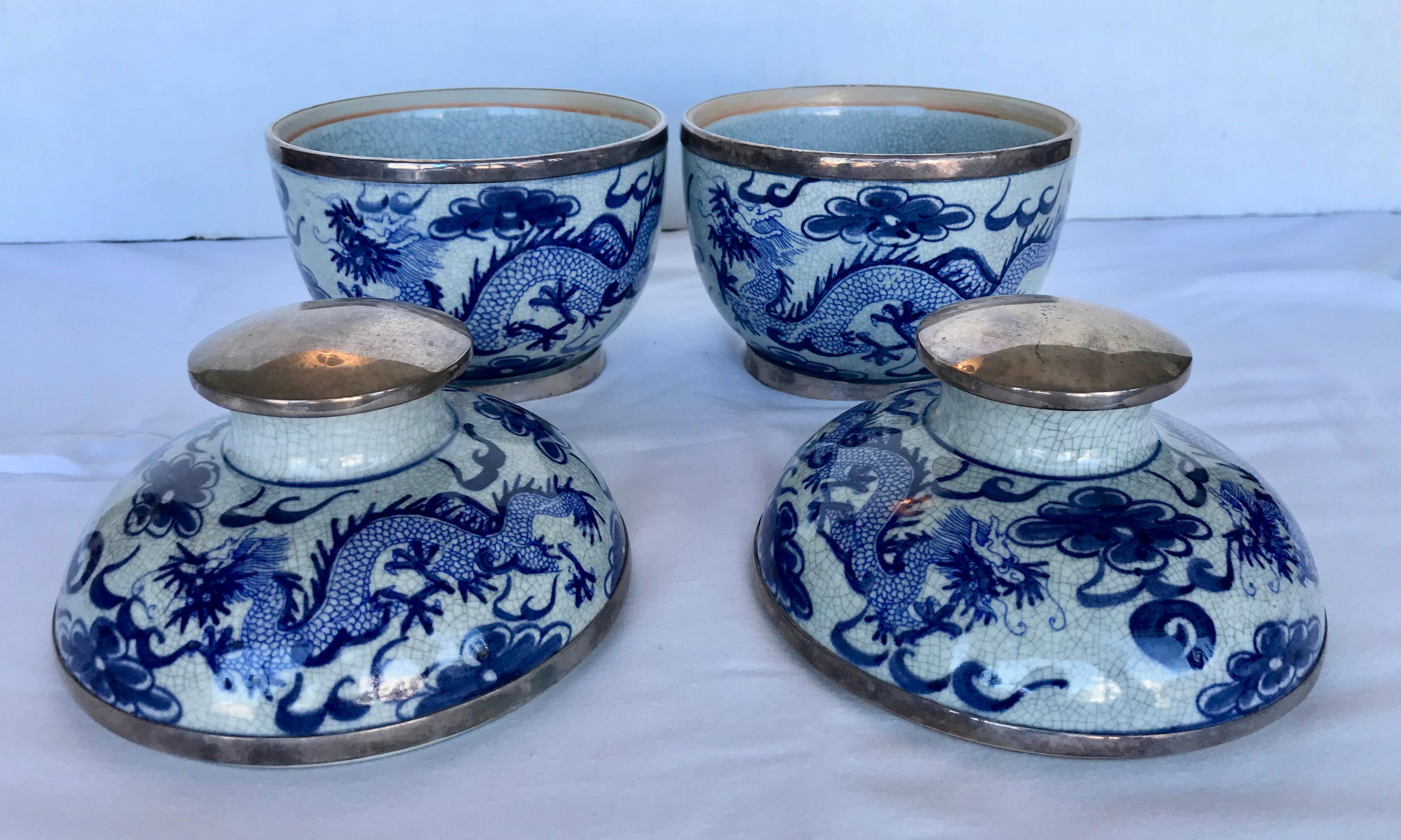 20th Century Pair of Sterling Mounted Chinese Blue and White Jars
