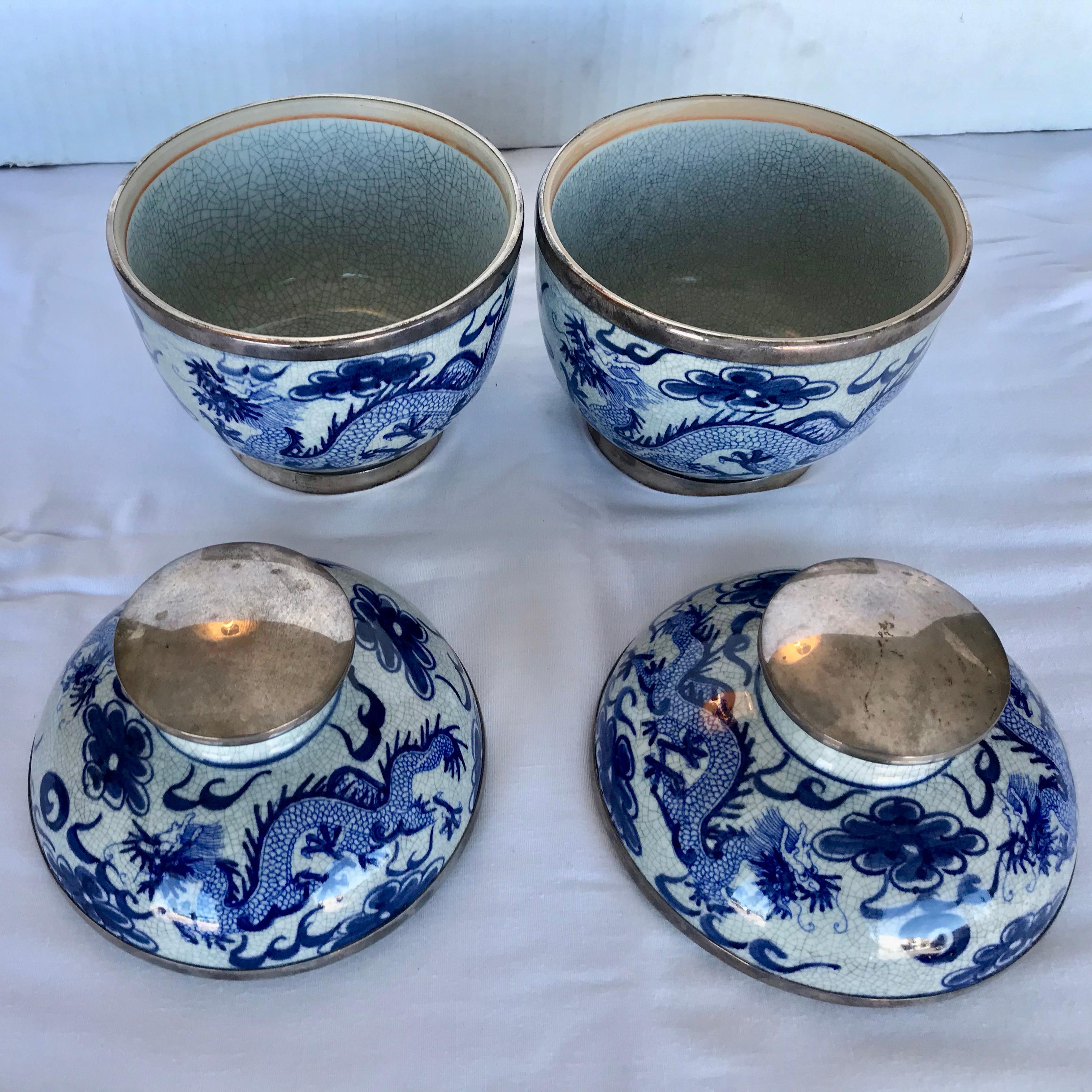 Porcelain Pair of Sterling Mounted Chinese Blue and White Jars