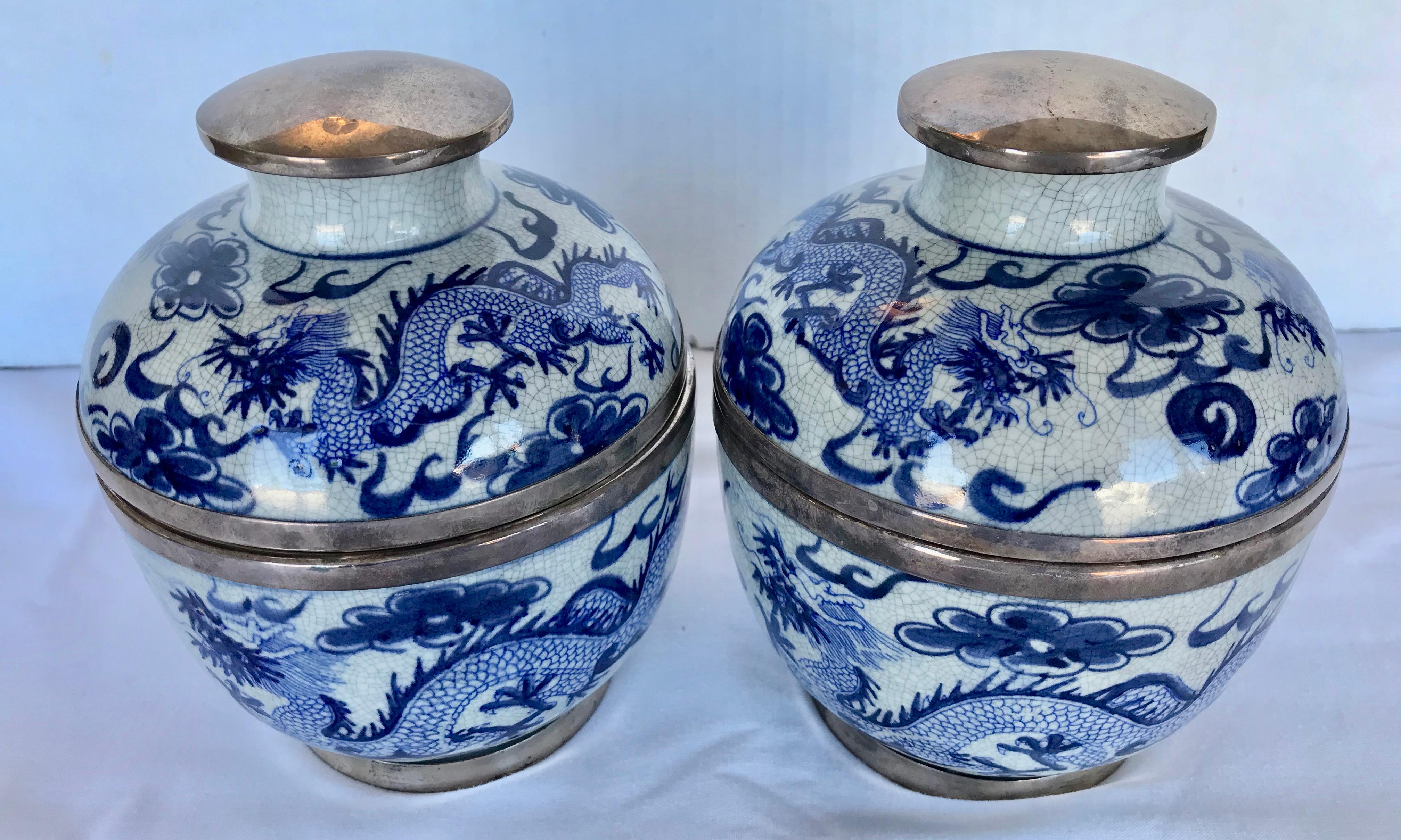 Pair of Sterling Mounted Chinese Blue and White Jars 1