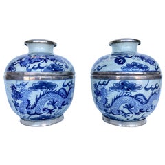 Pair of Sterling Mounted Chinese Blue and White Jars
