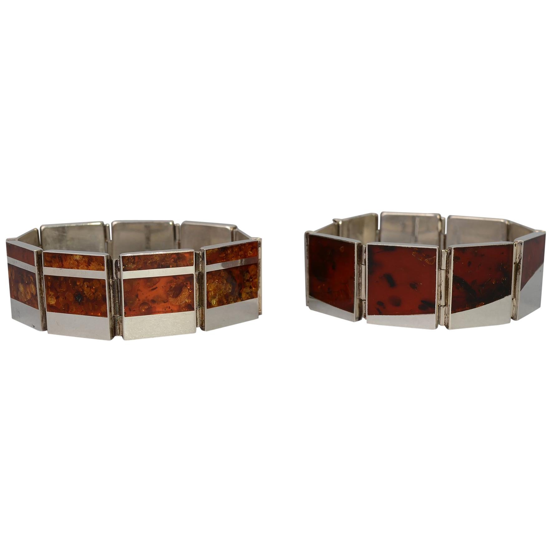 Pair of Sterling Silver and Amber Bracelets