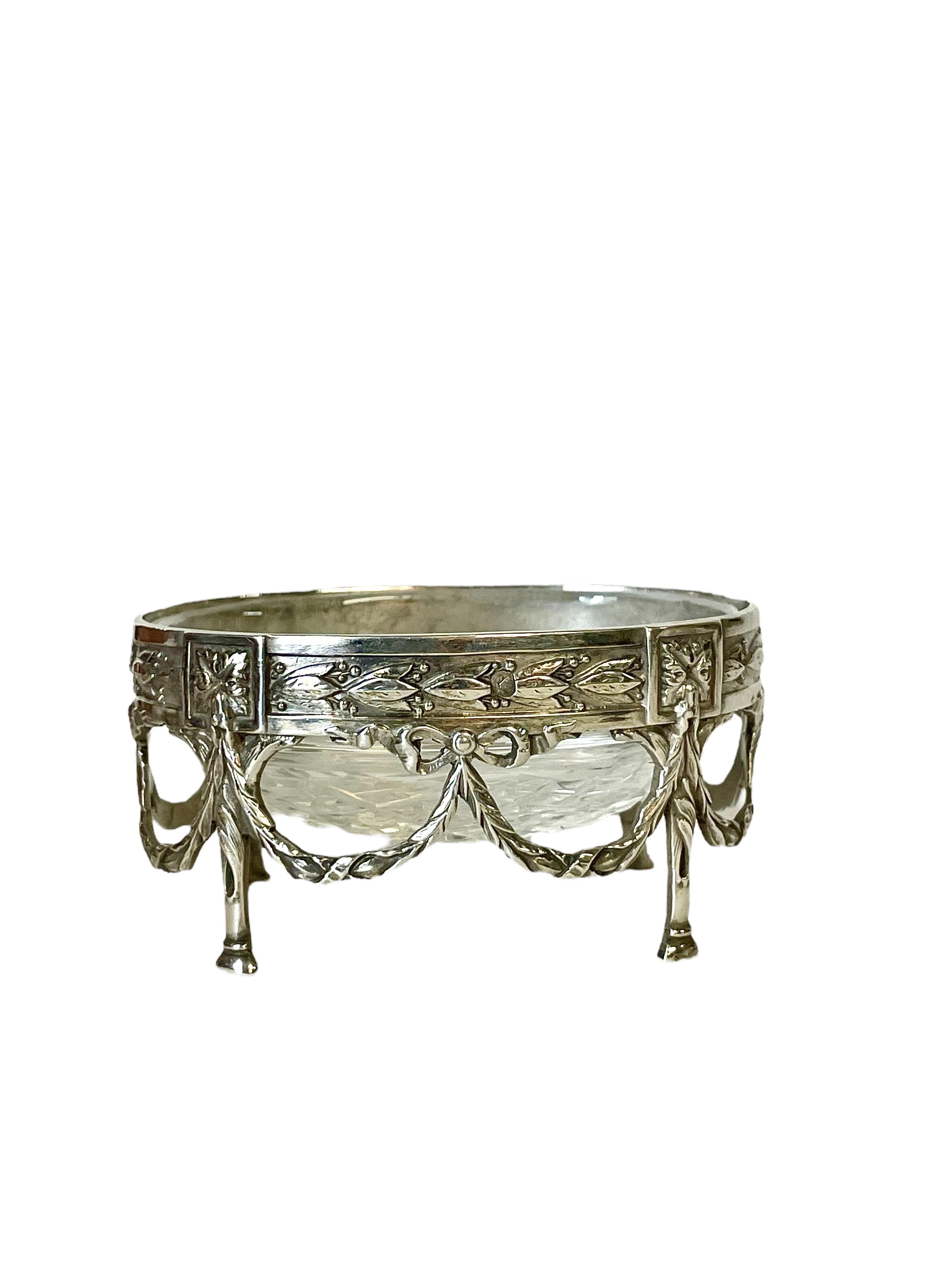 French Pair of Sterling Silver and Cut Crystal Salt Cellars For Sale