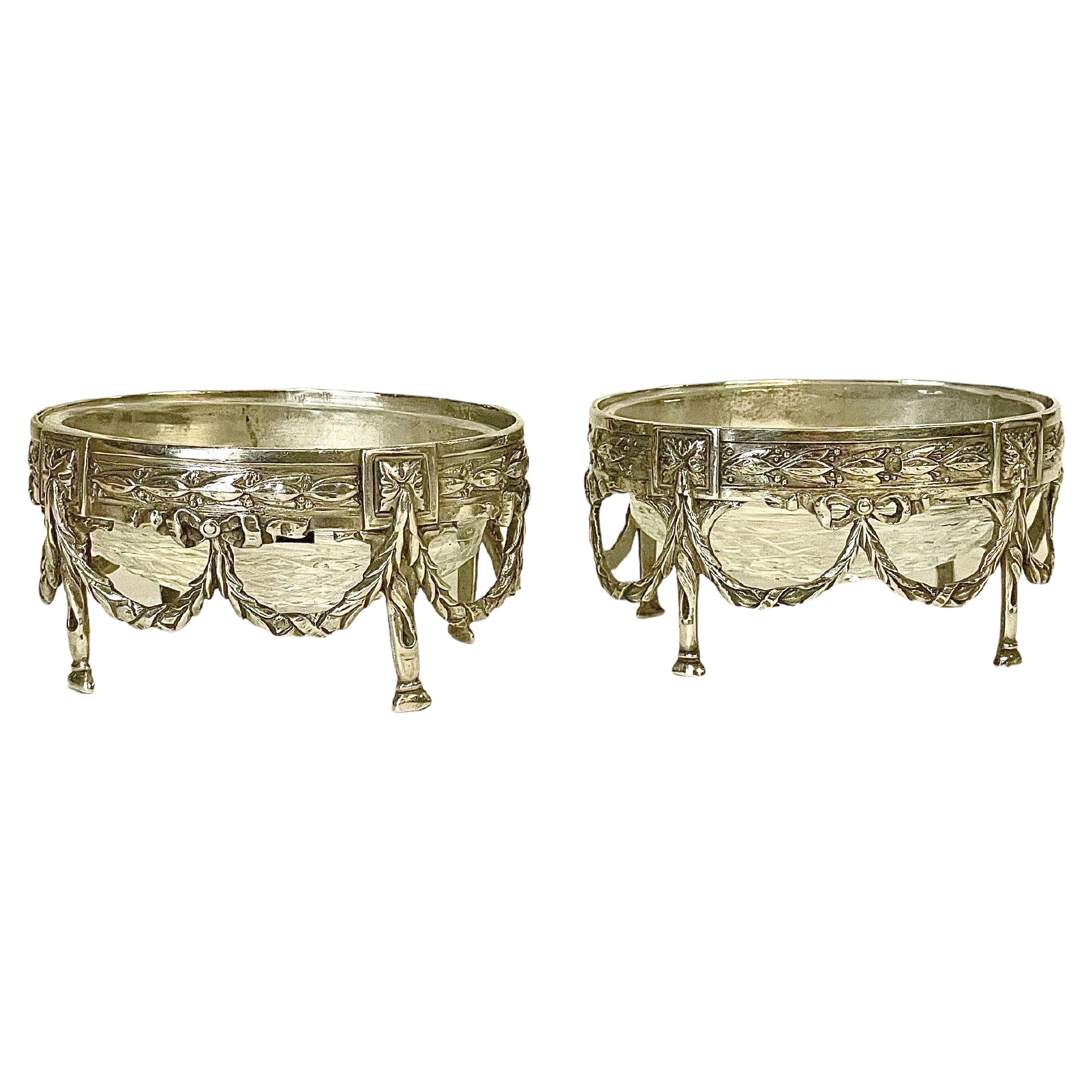 Pair of Sterling Silver and Cut Crystal Salt Cellars For Sale