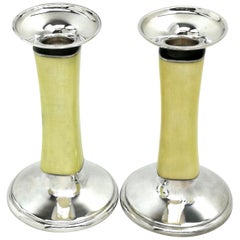 Vintage Pair of Sterling Silver & Enamel Candlesticks Zurich Switzerland Meister c 1960