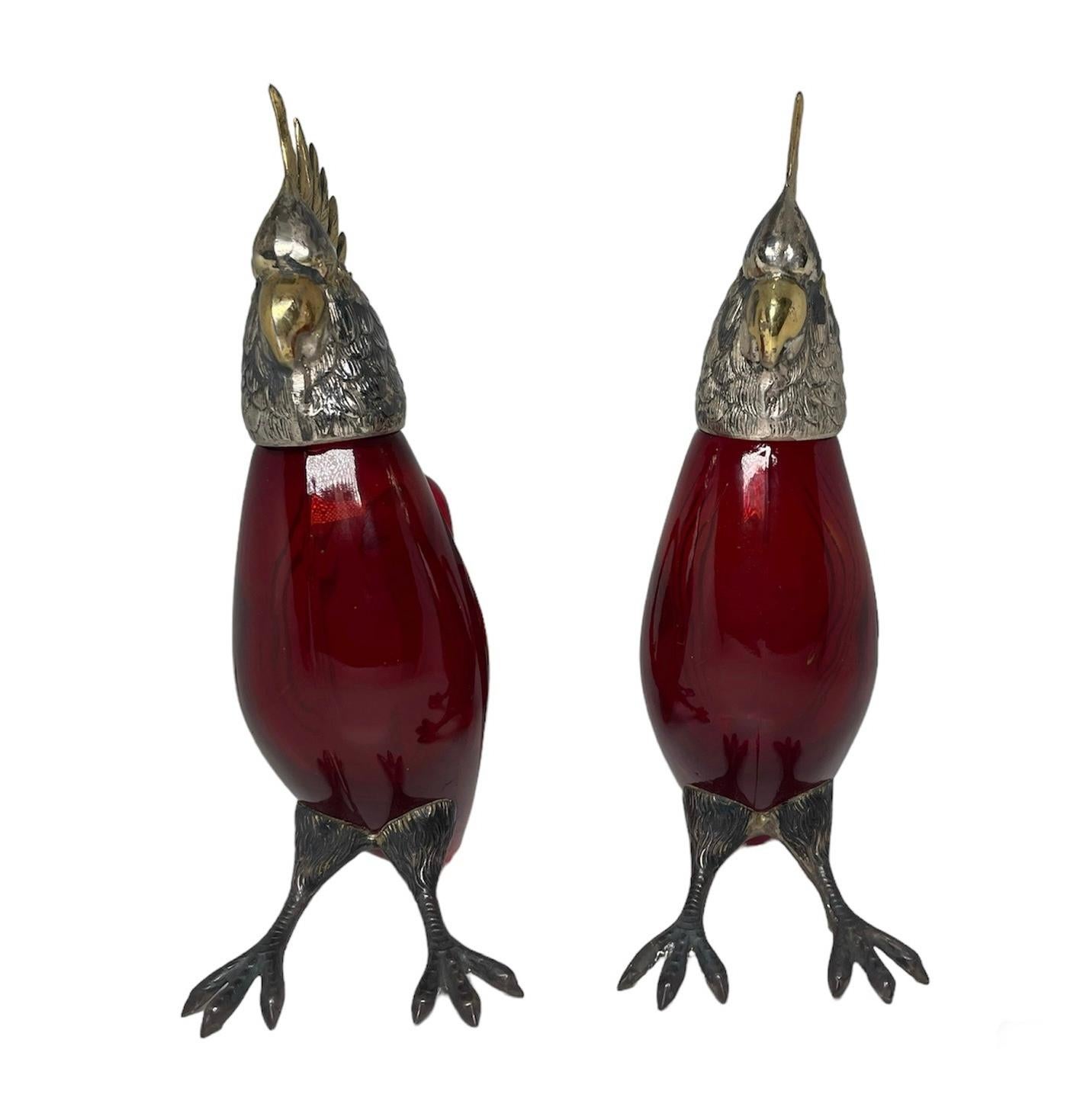 Spanish Pair Of Sterling Silver And Glass Cockatiel Cruet For Sale