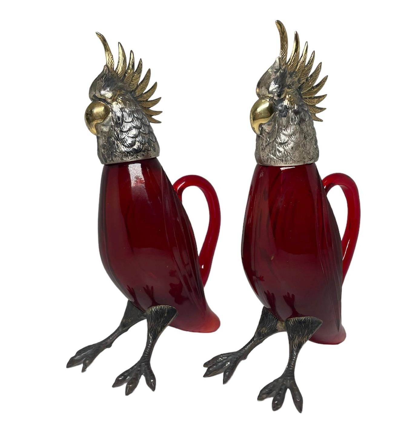 20th Century Pair Of Sterling Silver And Glass Cockatiel Cruet For Sale