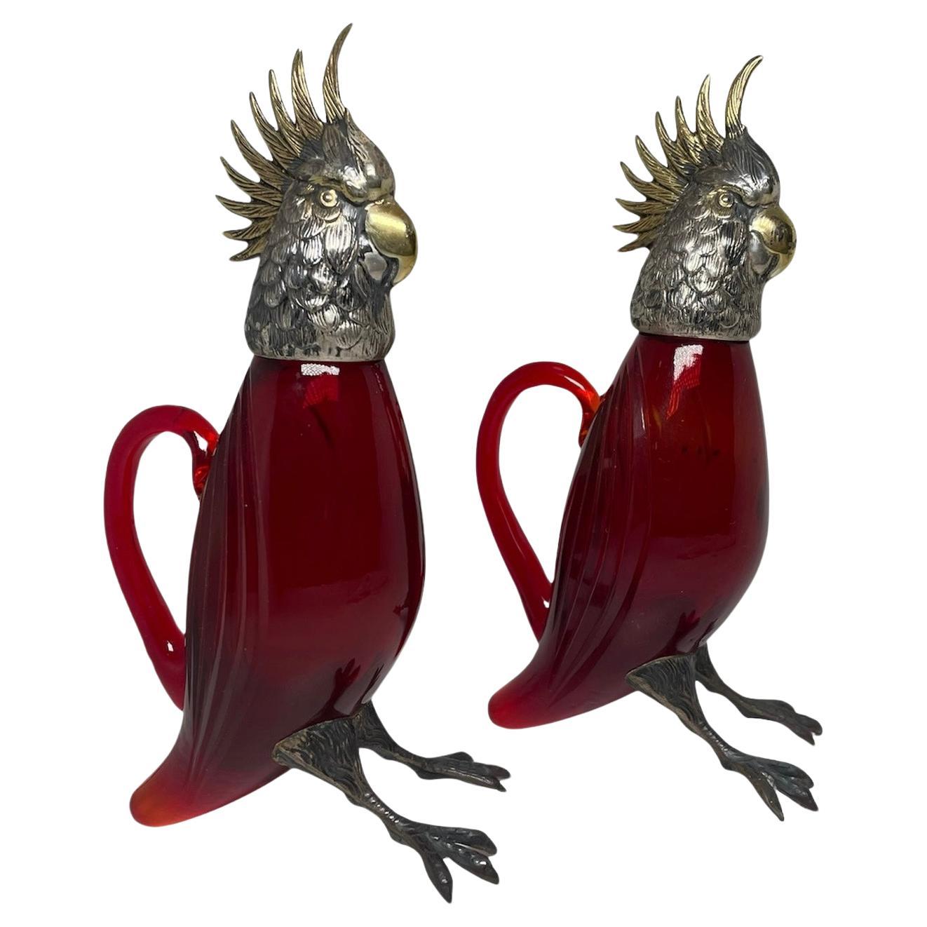 Pair Of Sterling Silver And Glass Cockatiel Cruet For Sale