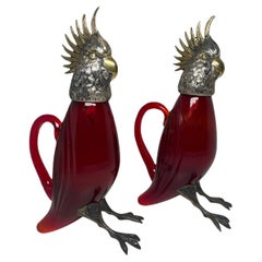 Vintage Pair Of Sterling Silver And Glass Cockatiel Cruet