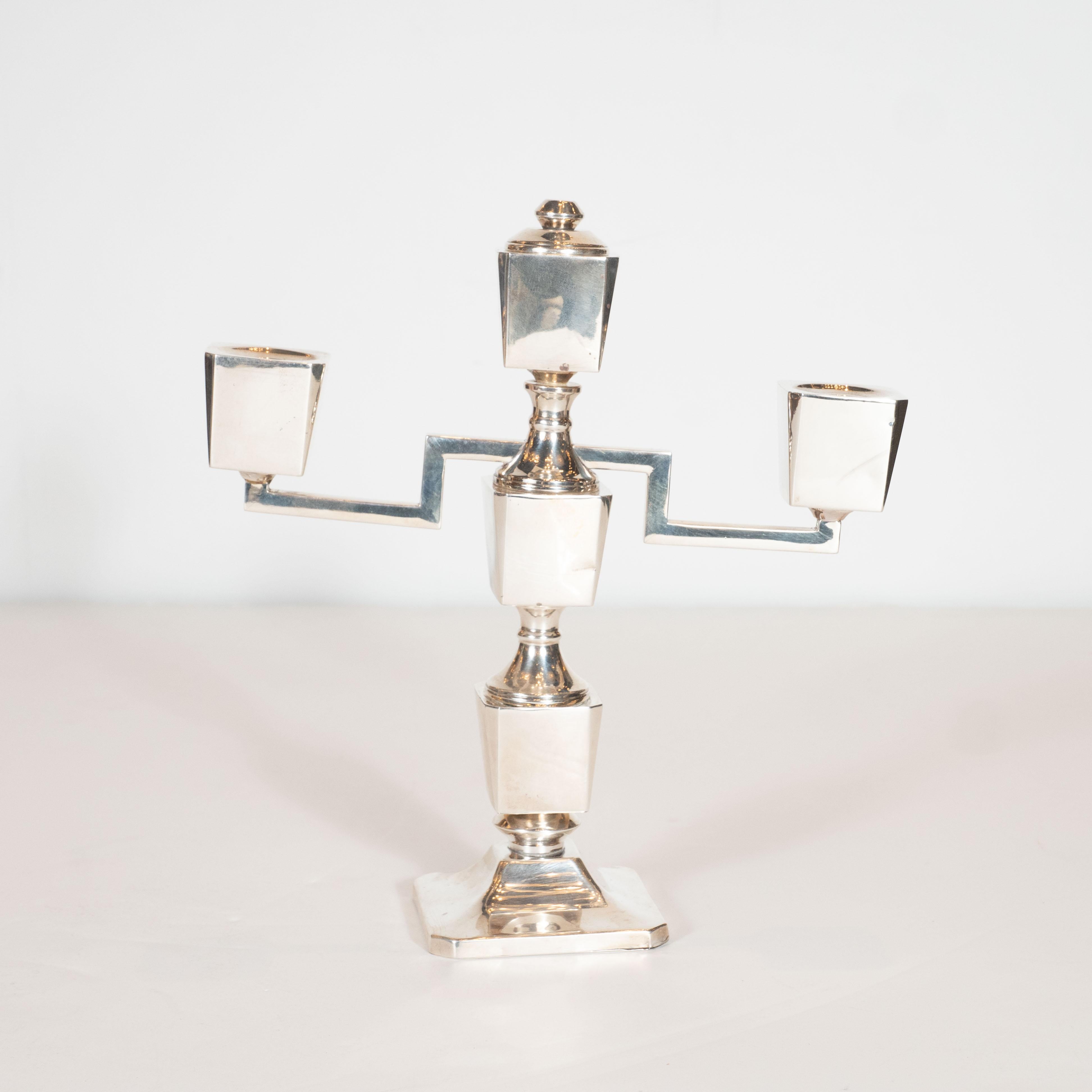 Pair of Sterling Silver Art Deco Machine Age Adjustable Candleholders In Good Condition In New York, NY