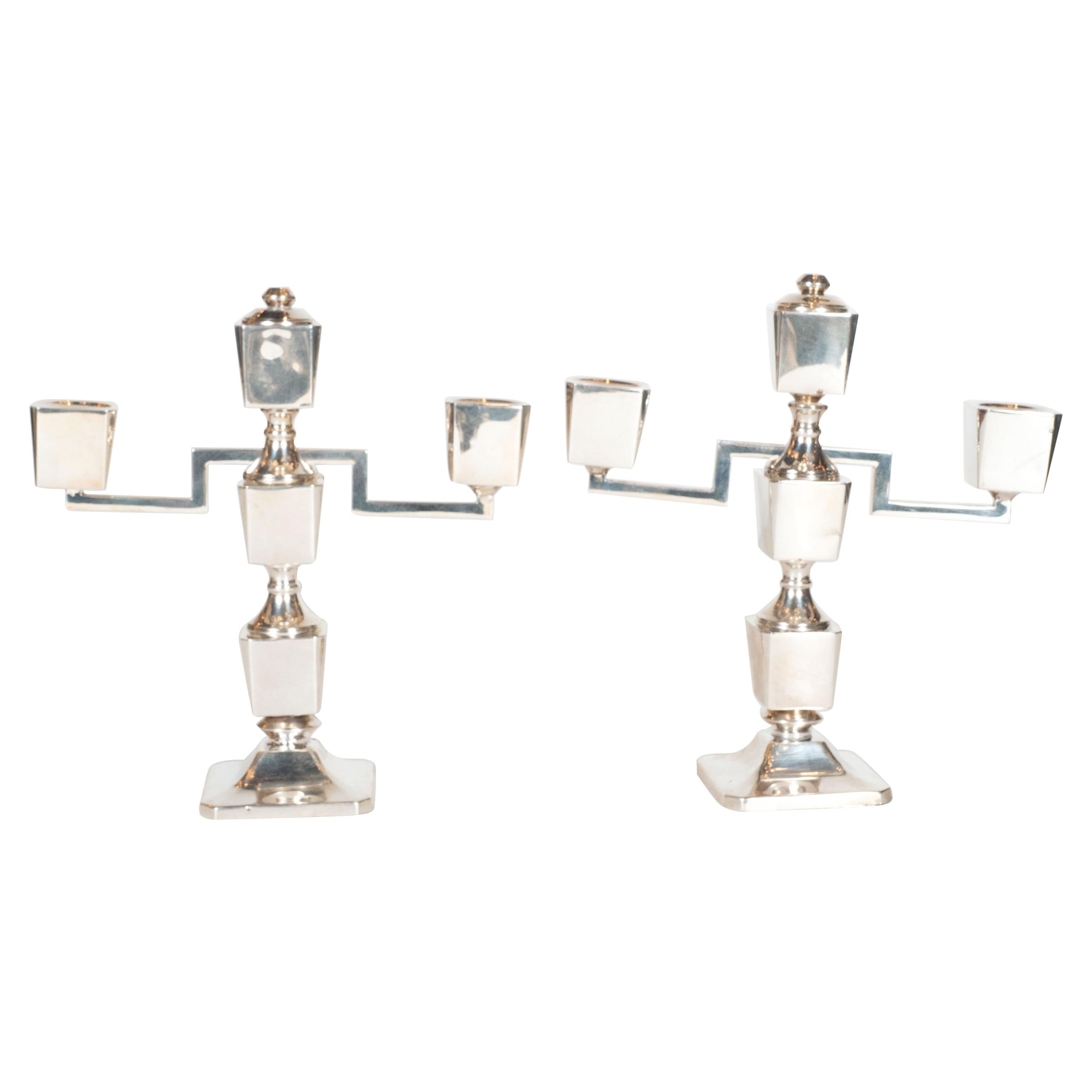 Pair of Sterling Silver Art Deco Machine Age Adjustable Candleholders