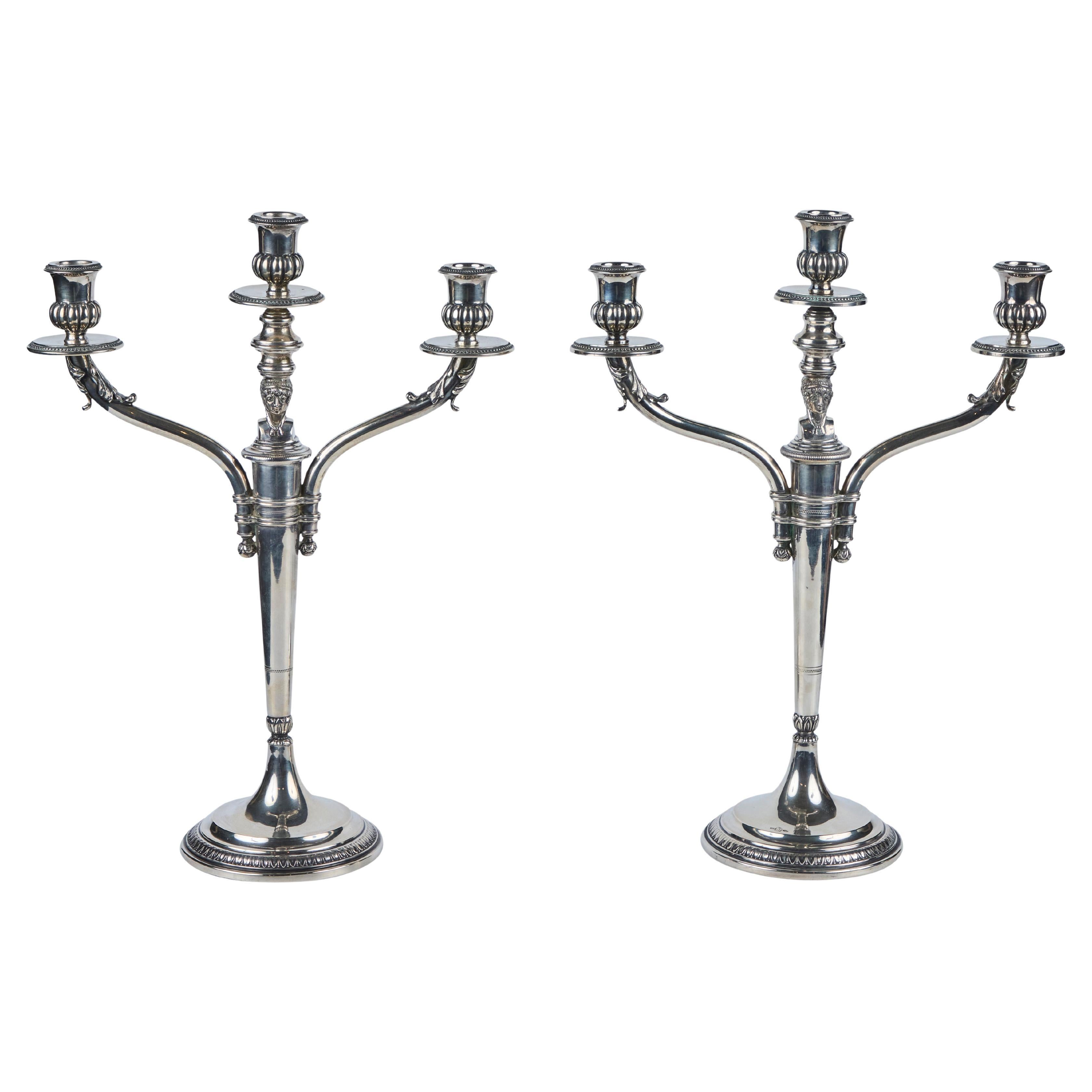 Coppia di candelabri in argento 925 con doppio Giano in vendita