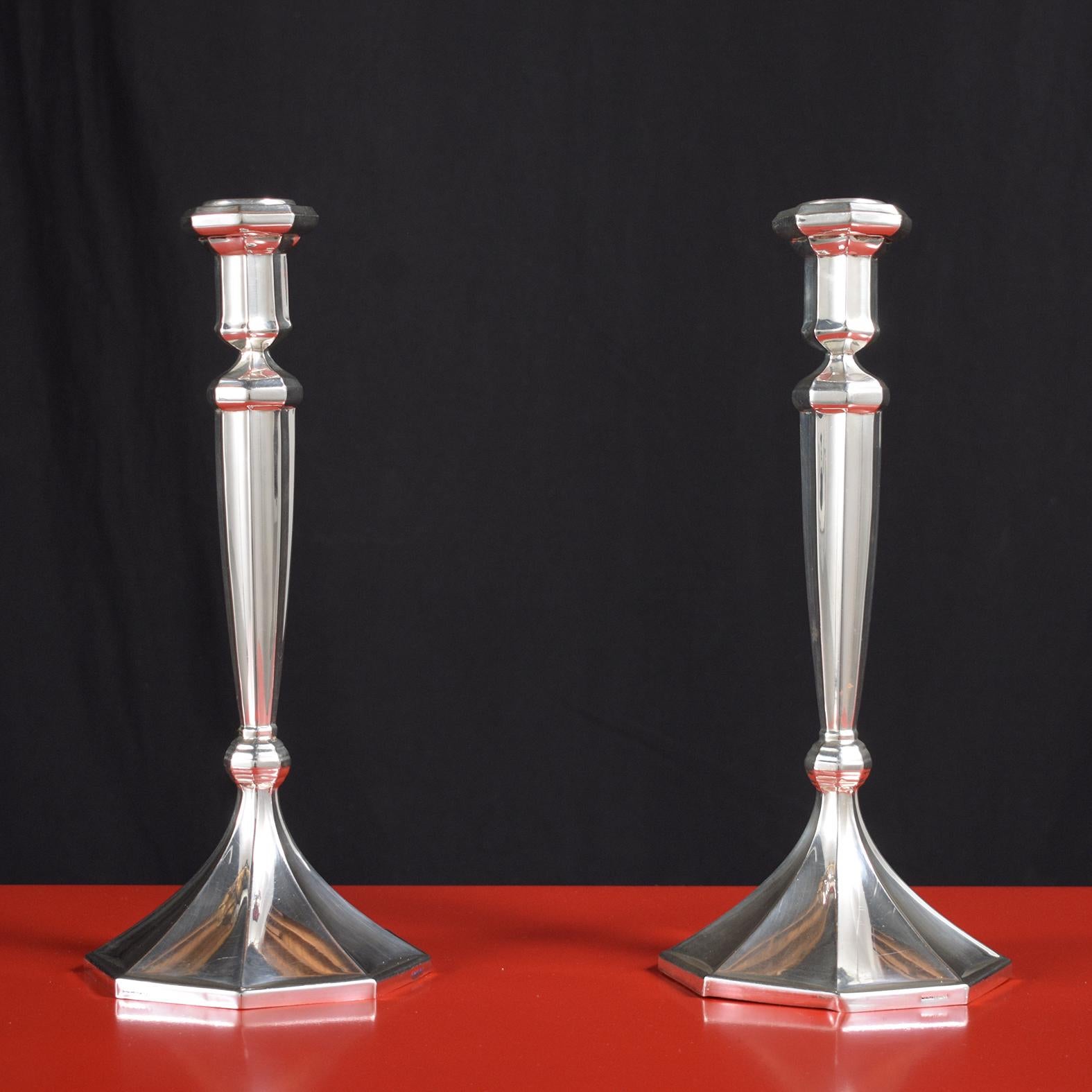 Hand-Crafted Art Deco 925 Sterling Silver Candlesticks by Masorett: Elegance Restored For Sale
