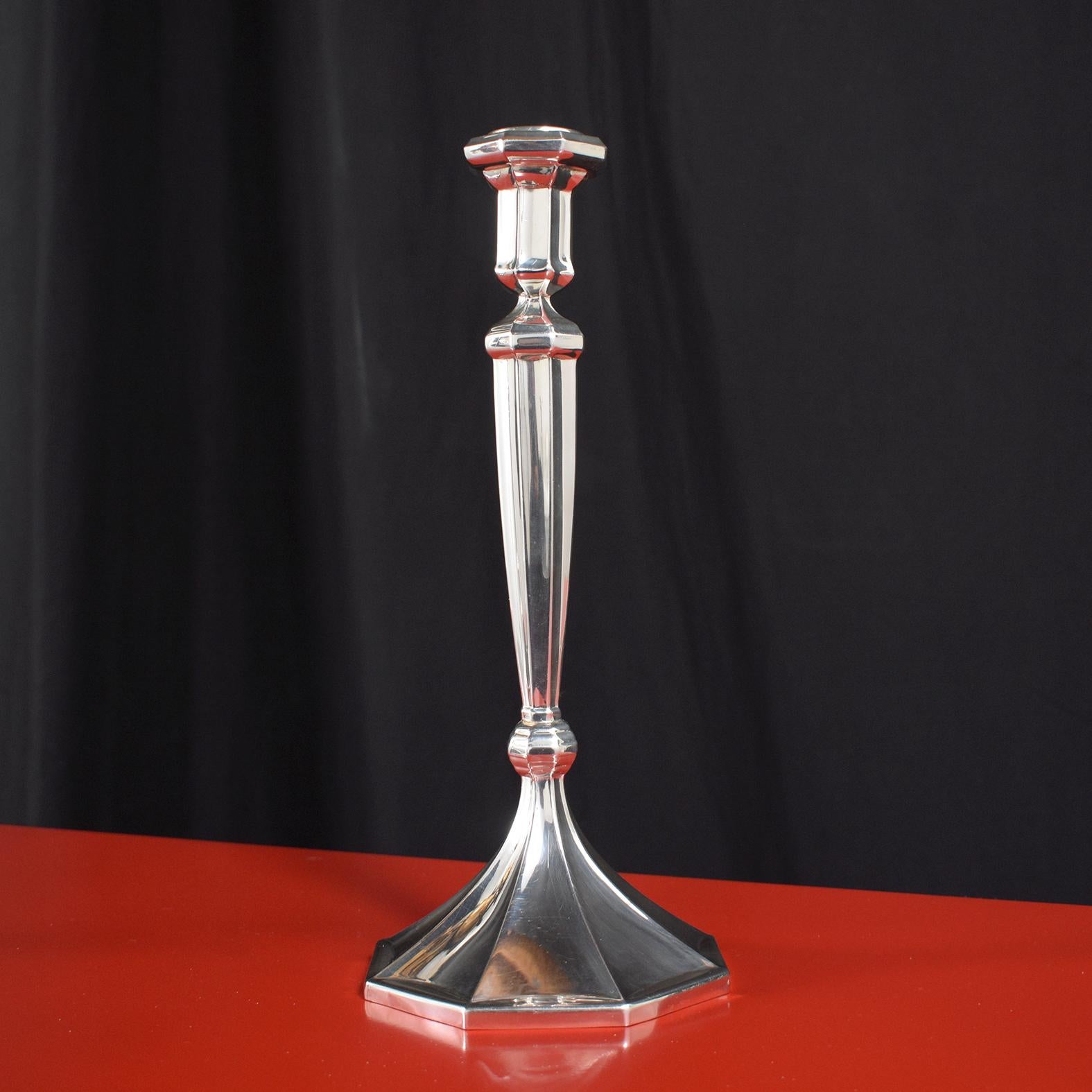 Late 20th Century Art Deco 925 Sterling Silver Candlesticks by Masorett: Elegance Restored For Sale