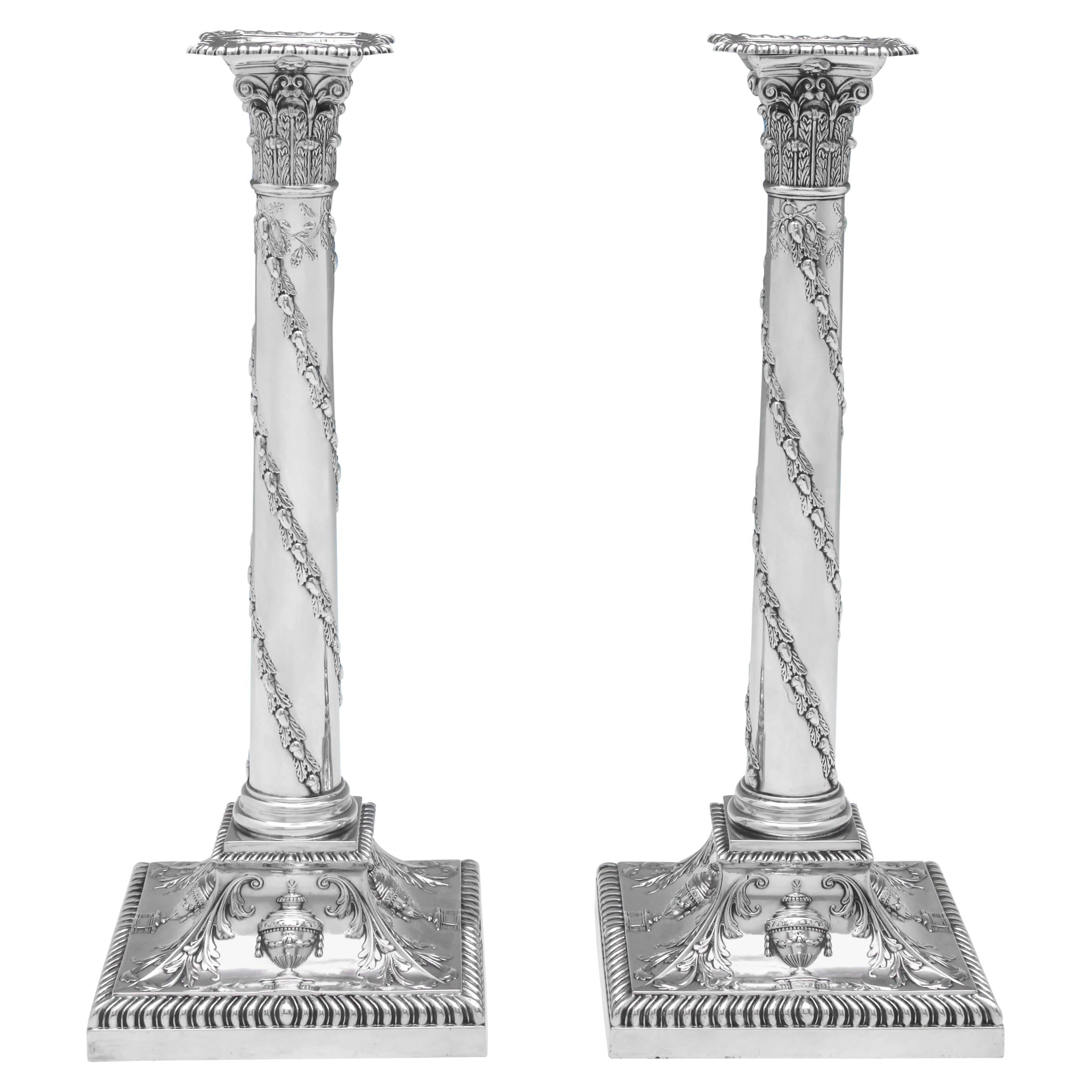 Neoclassical Revival Pair of Victorian Antique Sterling Silver Candlesticks 