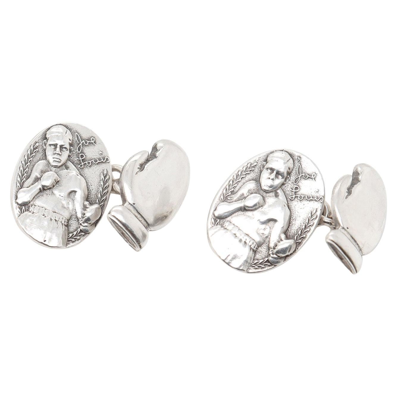 Pair of Sterling Silver Champion Boxer Joe Lewis & Boxing Gloves Cufflinks For Sale