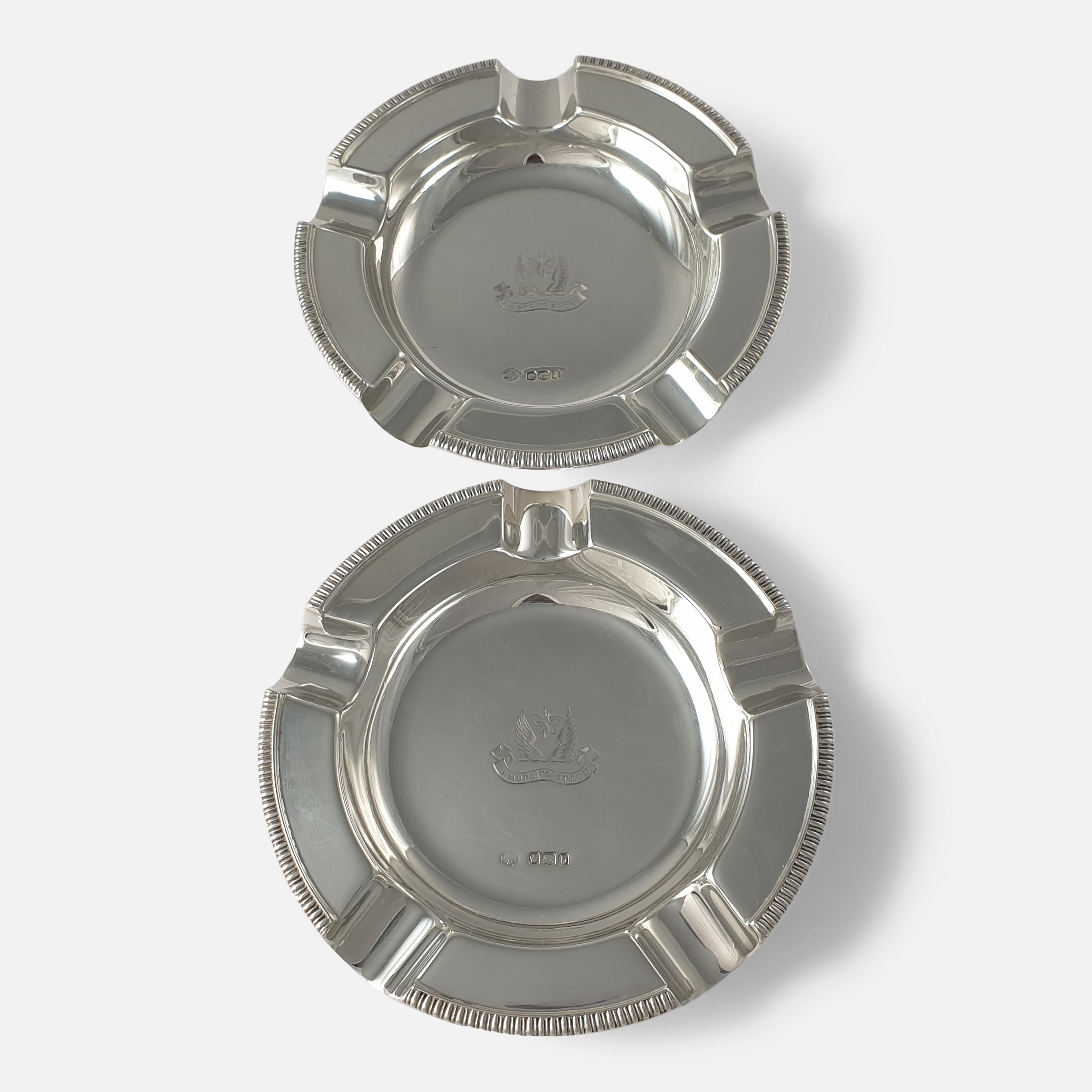 Modern Pair of Sterling Silver Crested Ashtrays, William Hutton & Sons For Sale