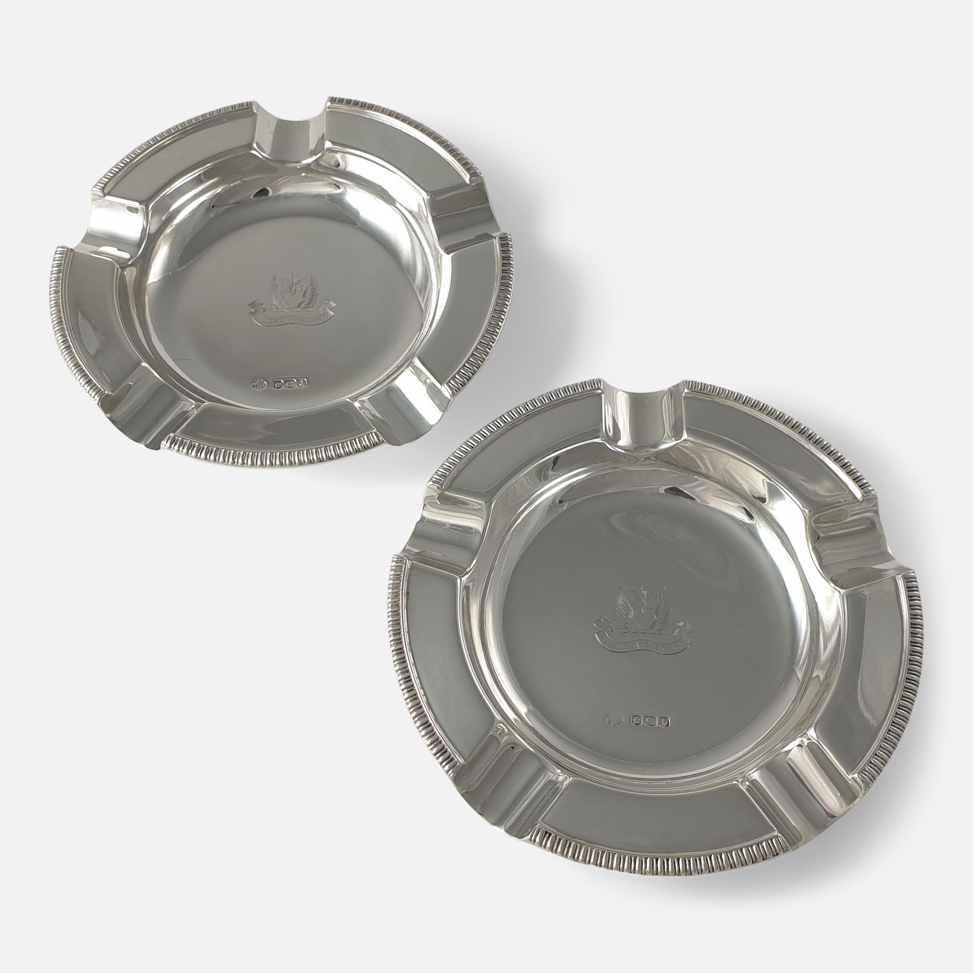 British Pair of Sterling Silver Crested Ashtrays, William Hutton & Sons For Sale